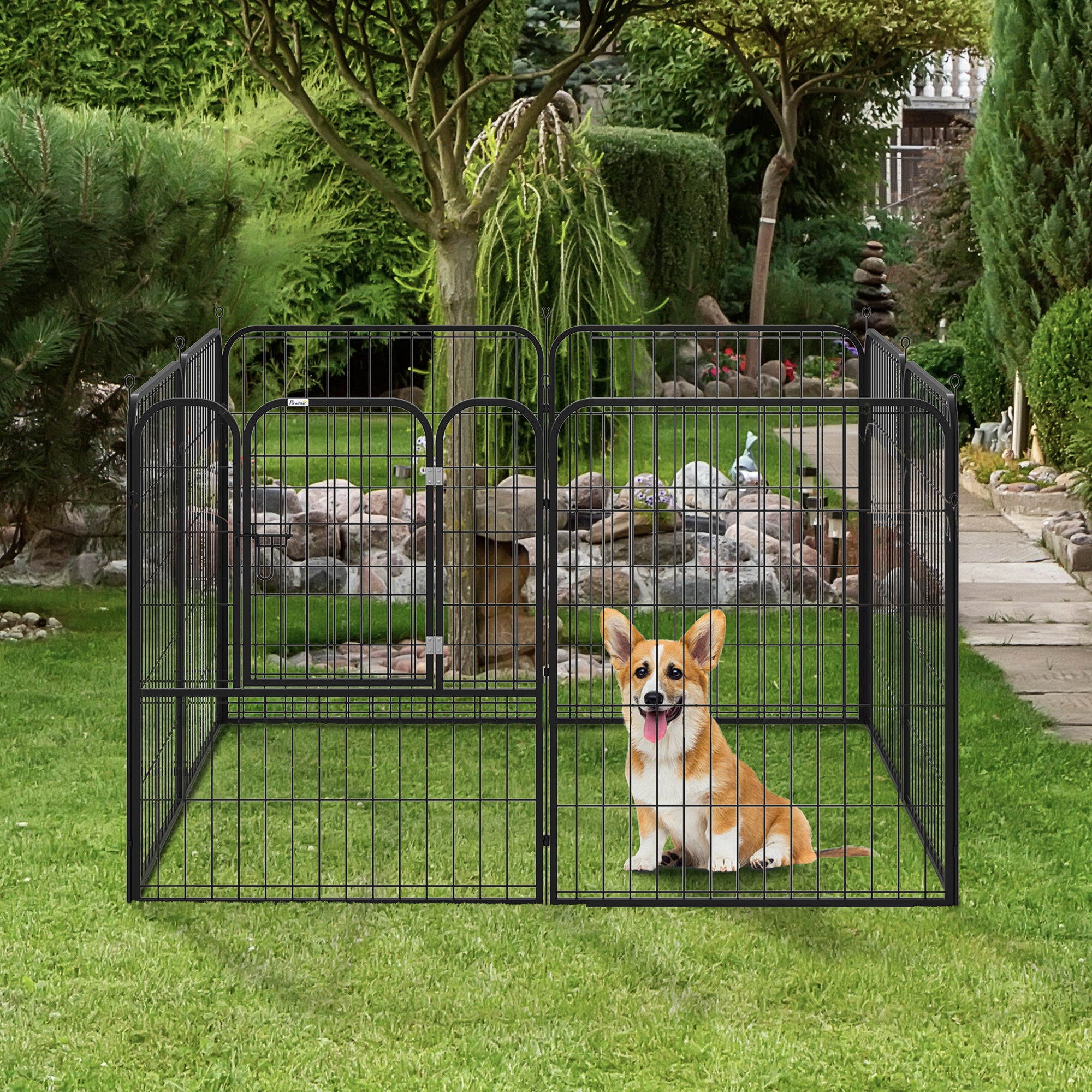 Pawhut Heavy Duty Dog Pet Puppy Metal Playpen Play Pen Rabbit Pig Hutch Run Enclosure Foldable Black 31.5"W x 39.25"H