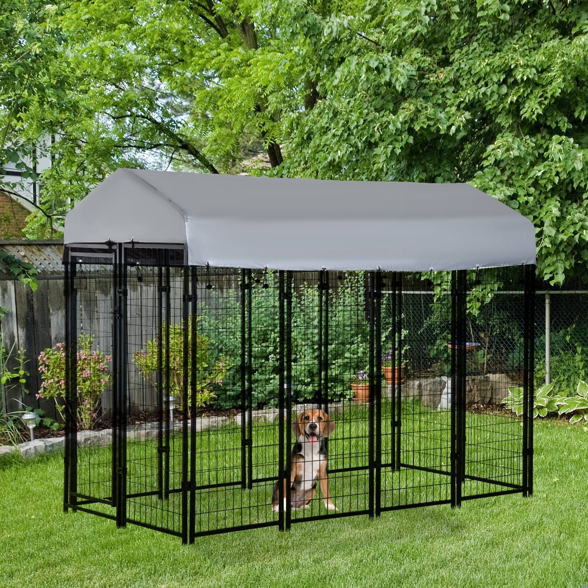 PawHut 8' x 4' x 6' Large Outdoor Dog Kennel Run Steel Fence with UV-Resistant Oxford Cloth Roof & Secure Lock