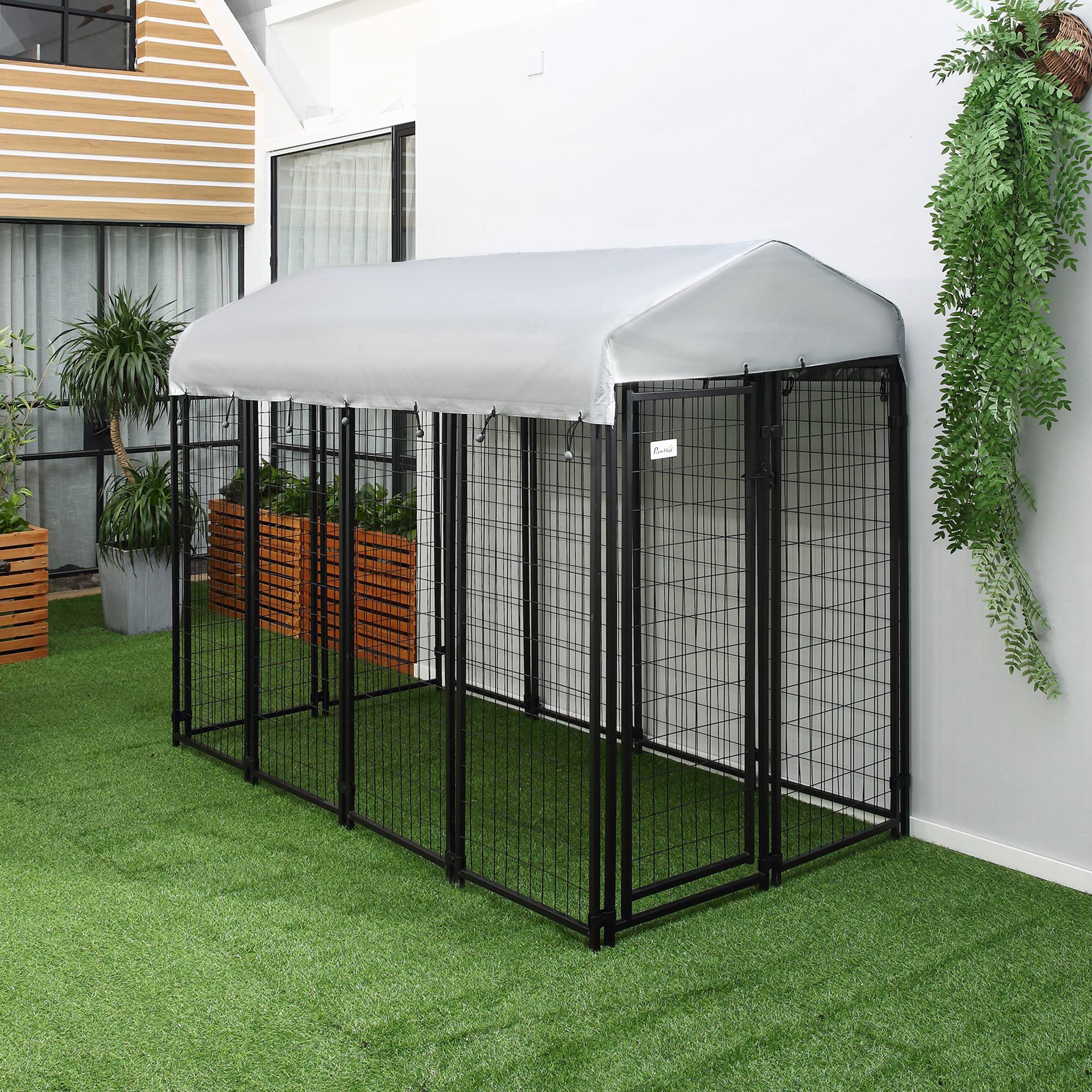 PawHut 8' x 4' x 6' Large Outdoor Dog Kennel Run Steel Fence with UV-Resistant Oxford Cloth Roof & Secure Lock