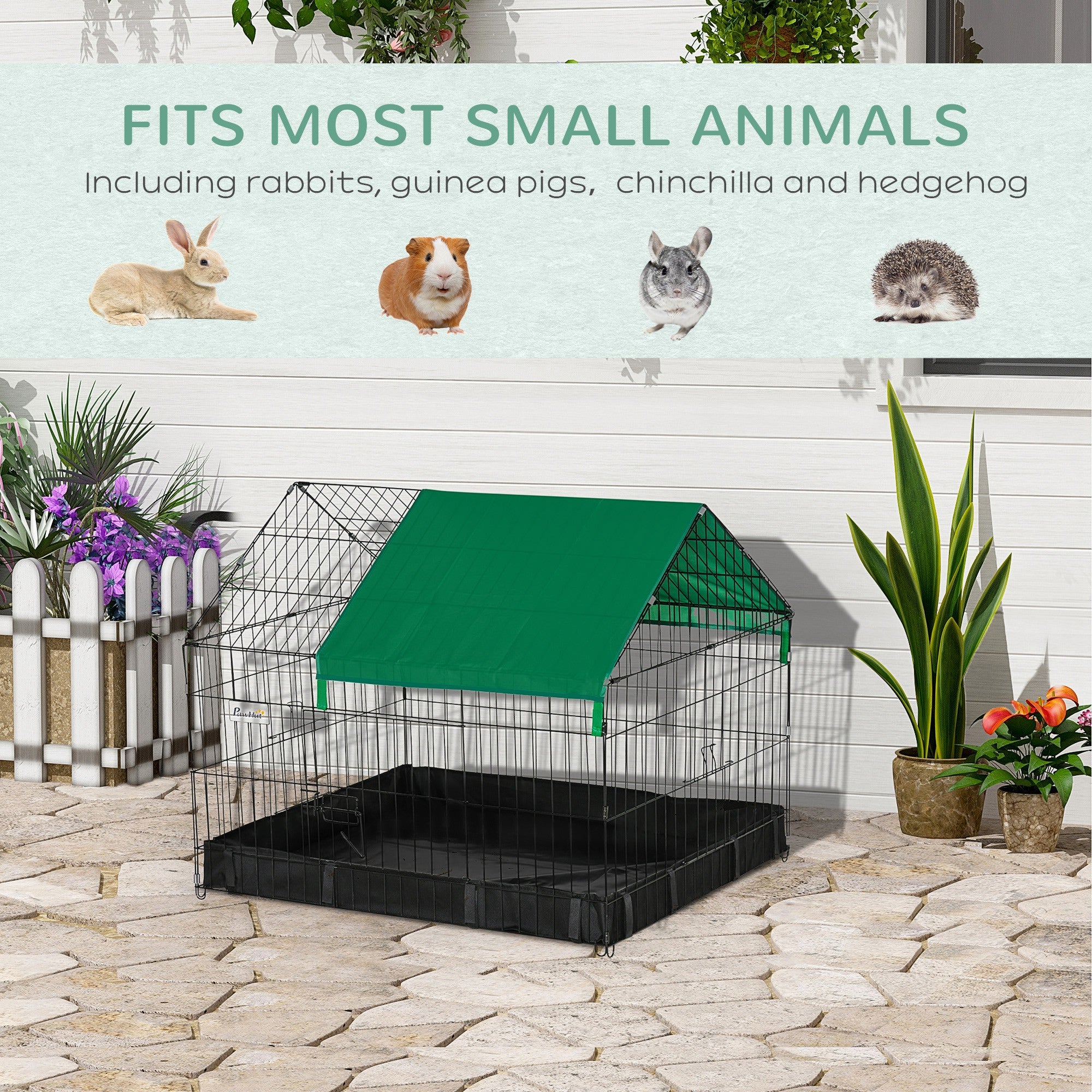 PawHut Metal Rabbit Cage with Water-resistant Cover, Outdoor Small Animal Cage, Cat Playpen Kennel Enclosure, Black