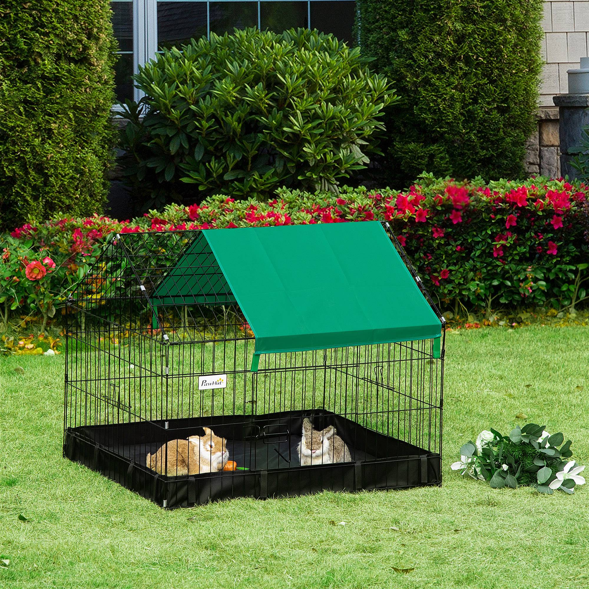 PawHut Metal Rabbit Cage with Water-resistant Cover, Outdoor Small Animal Cage, Cat Playpen Kennel Enclosure, Black
