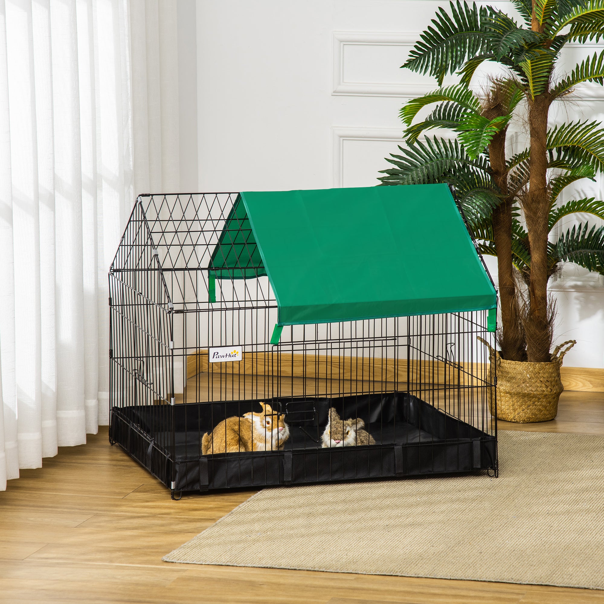 PawHut Metal Rabbit Cage with Water-resistant Cover, Outdoor Small Animal Cage, Cat Playpen Kennel Enclosure, Black
