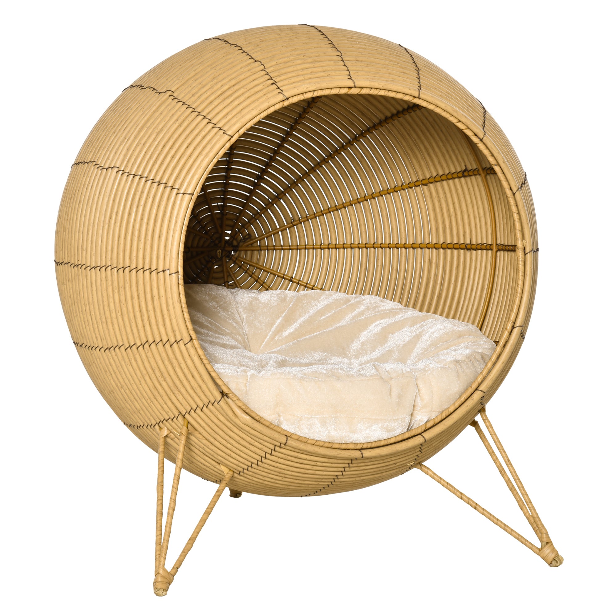 PawHut 20.5" Rattan Cat Bed, Wicker Elevated Round Condo for Comfort and Circulation with Cushion