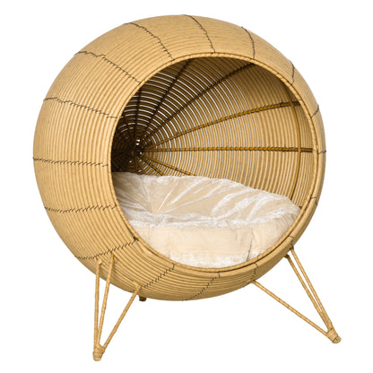 PawHut 20.5" Rattan Cat Bed, Wicker Elevated Round Condo for Comfort and Circulation with Cushion
