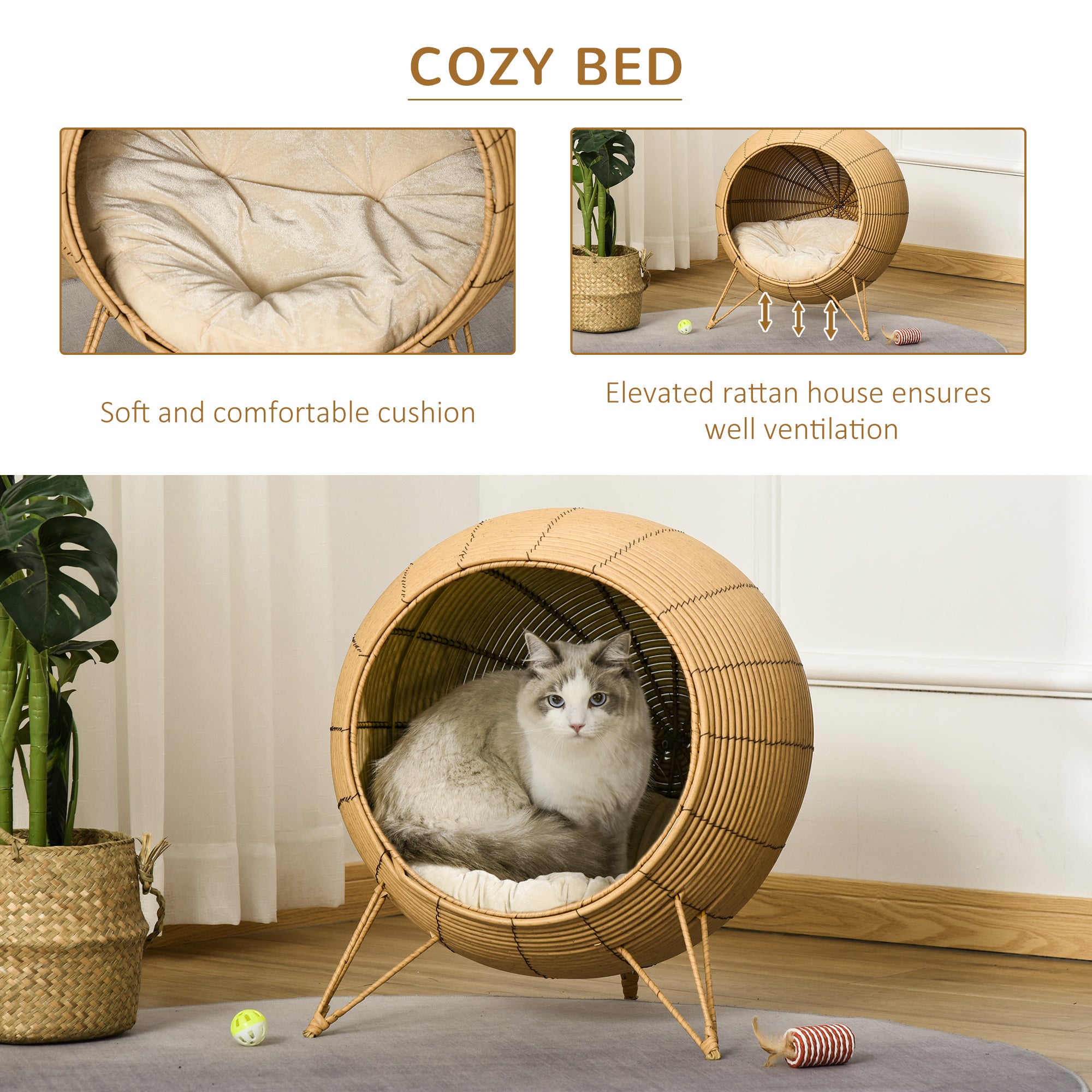PawHut 20.5" Rattan Cat Bed, Wicker Elevated Round Condo for Comfort and Circulation with Cushion