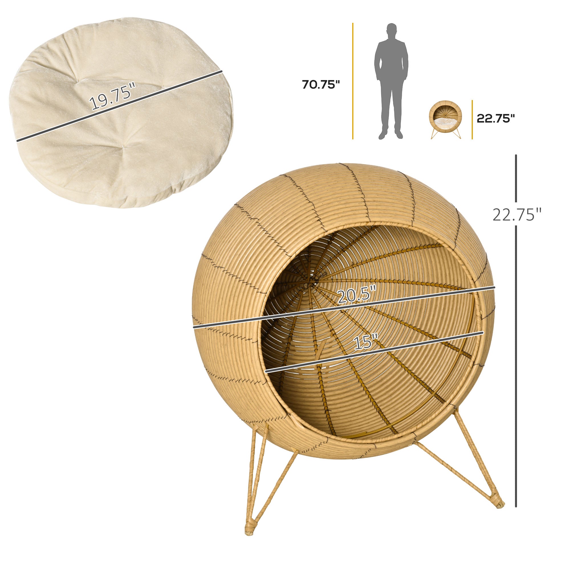 PawHut 20.5" Rattan Cat Bed, Wicker Elevated Round Condo for Comfort and Circulation with Cushion