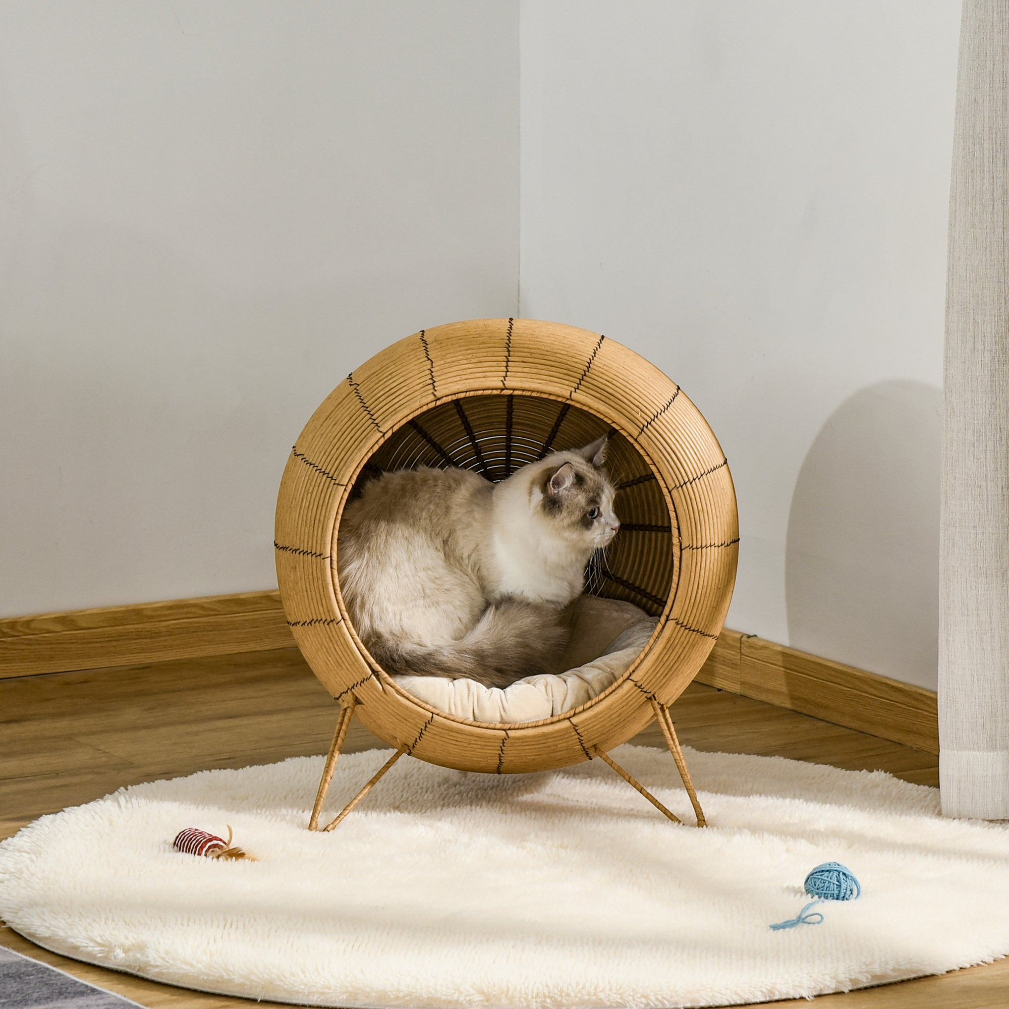 PawHut 20.5" Rattan Cat Bed, Wicker Elevated Round Condo for Comfort and Circulation with Cushion