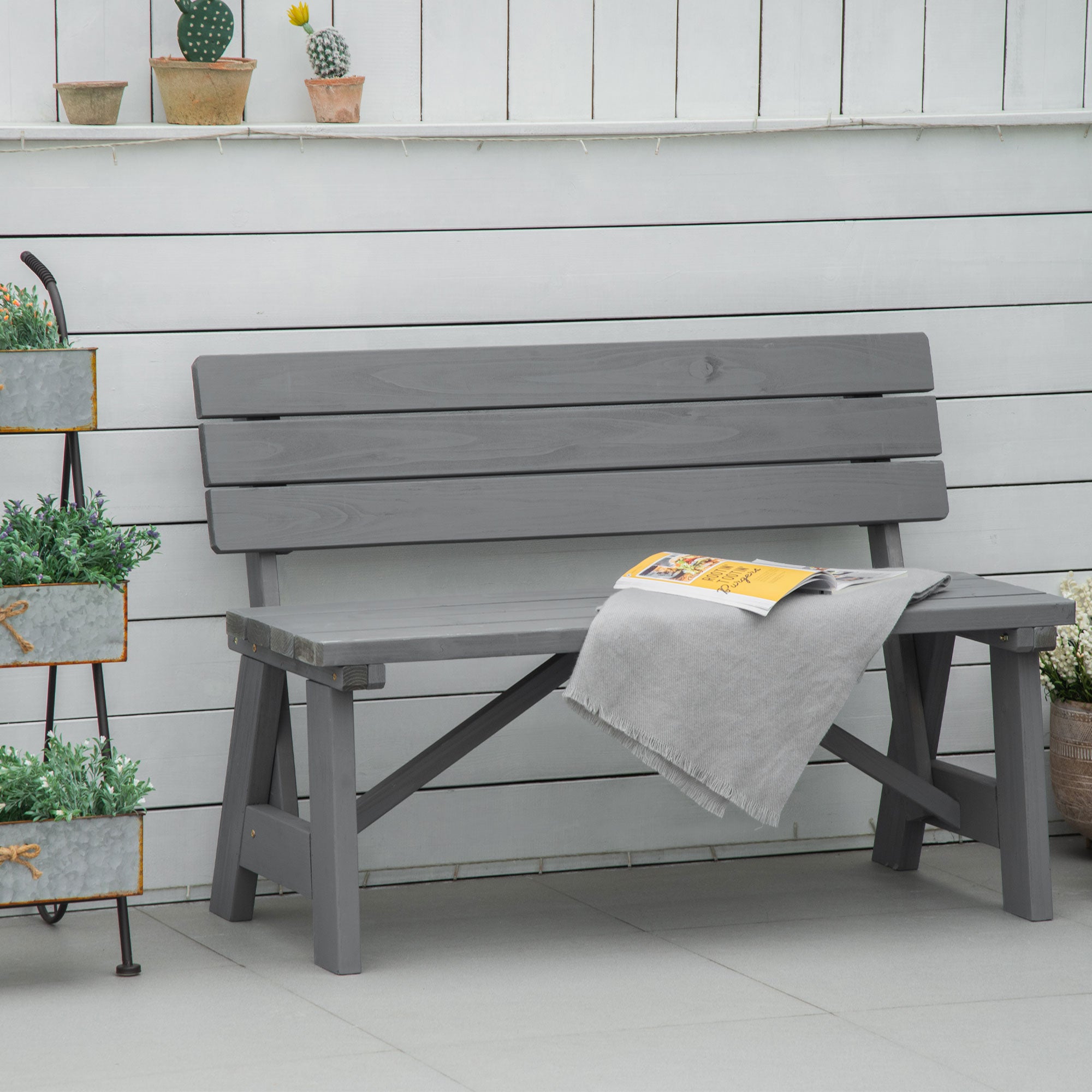 Outsunny Wooden Garden Bench for Outdoor, 2-person Patio Bench, Loveseat Furniture for Lawn, Deck, Yard, Porch and Entryway, Grey