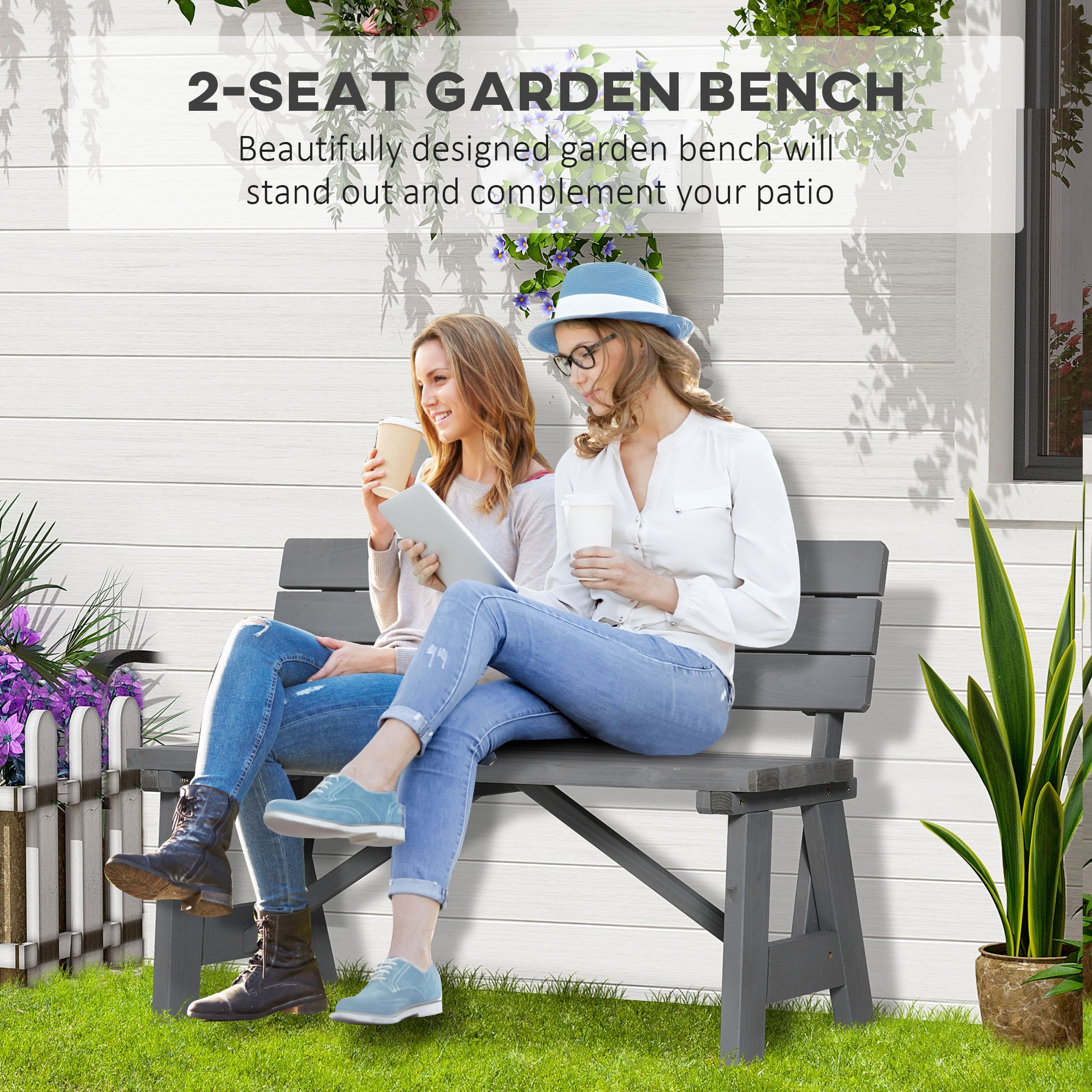 Outsunny Wooden Garden Bench for Outdoor, 2-person Patio Bench, Loveseat Furniture for Lawn, Deck, Yard, Porch and Entryway, Grey