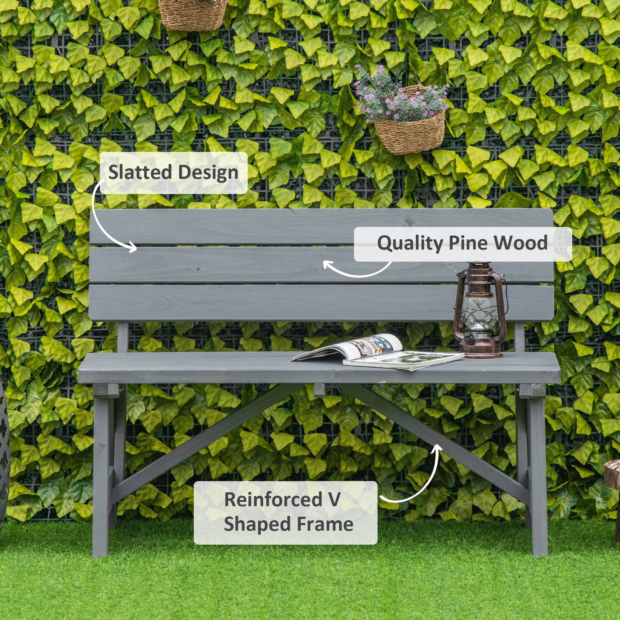 Outsunny Wooden Garden Bench for Outdoor, 2-person Patio Bench, Loveseat Furniture for Lawn, Deck, Yard, Porch and Entryway, Grey