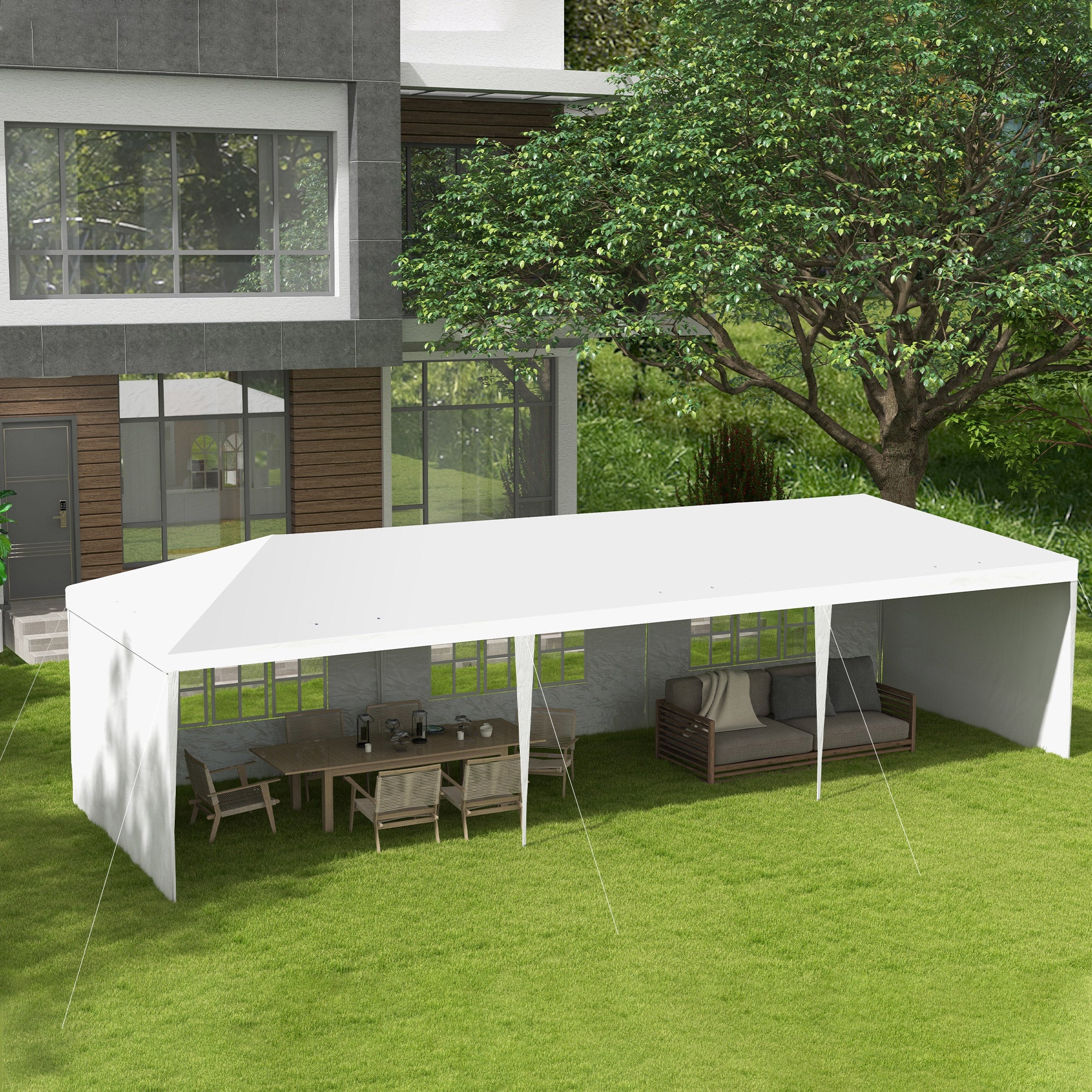 Outsunny 10' x 29' Party Tent, Canopy Tent with Sidewalls and Large Transparent Windows for Garden, Backyard, Outdoor, White