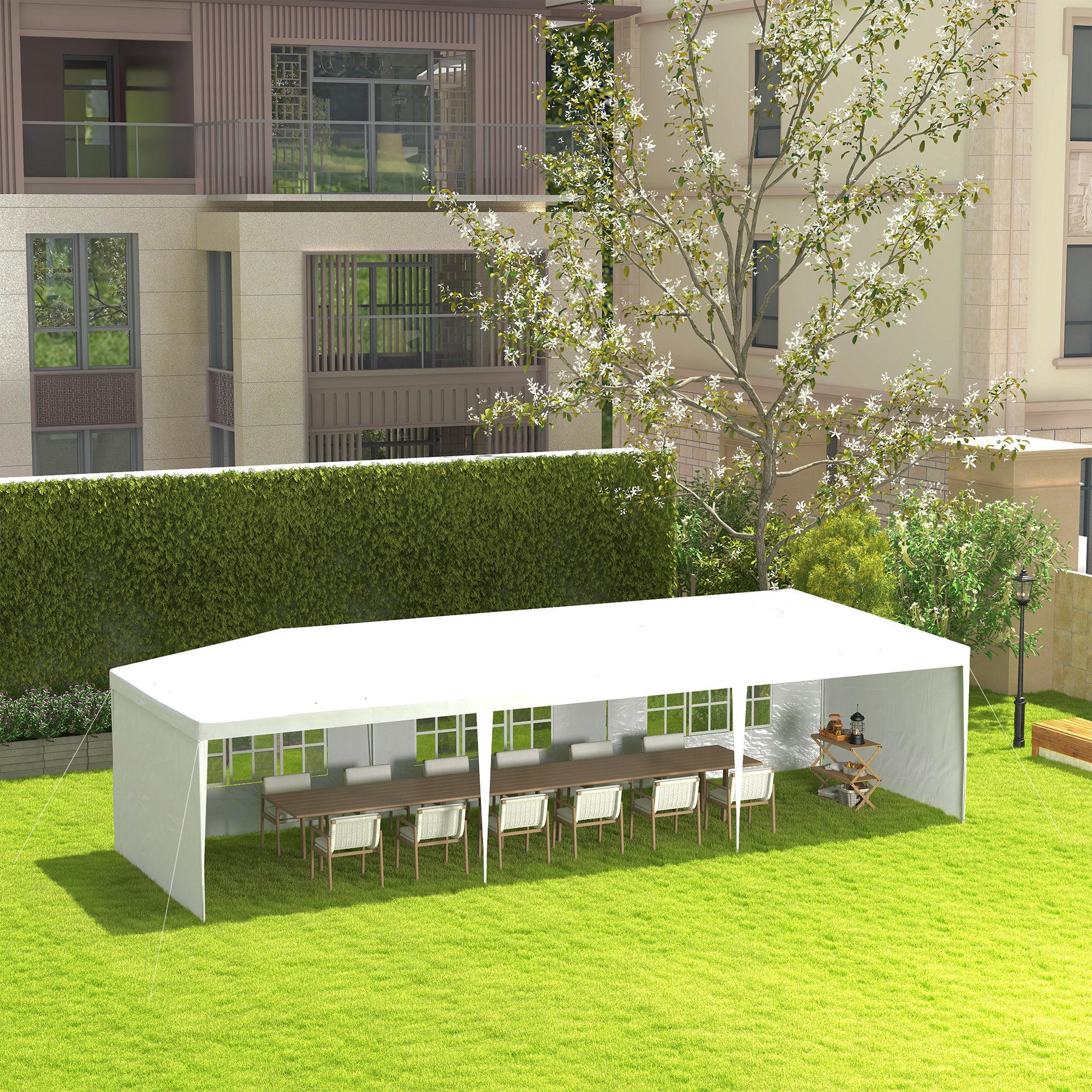 Outsunny 10' x 29' Party Tent, Canopy Tent with Sidewalls and Large Transparent Windows for Garden, Backyard, Outdoor, White