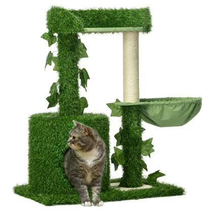 PawHut 77cm Cat Tree for Indoor Cats with Green Leaves, Multiple Levels, Cat Climbing Tree with Sisal Scratching Posts, Perch Hammock, Condo - Green
