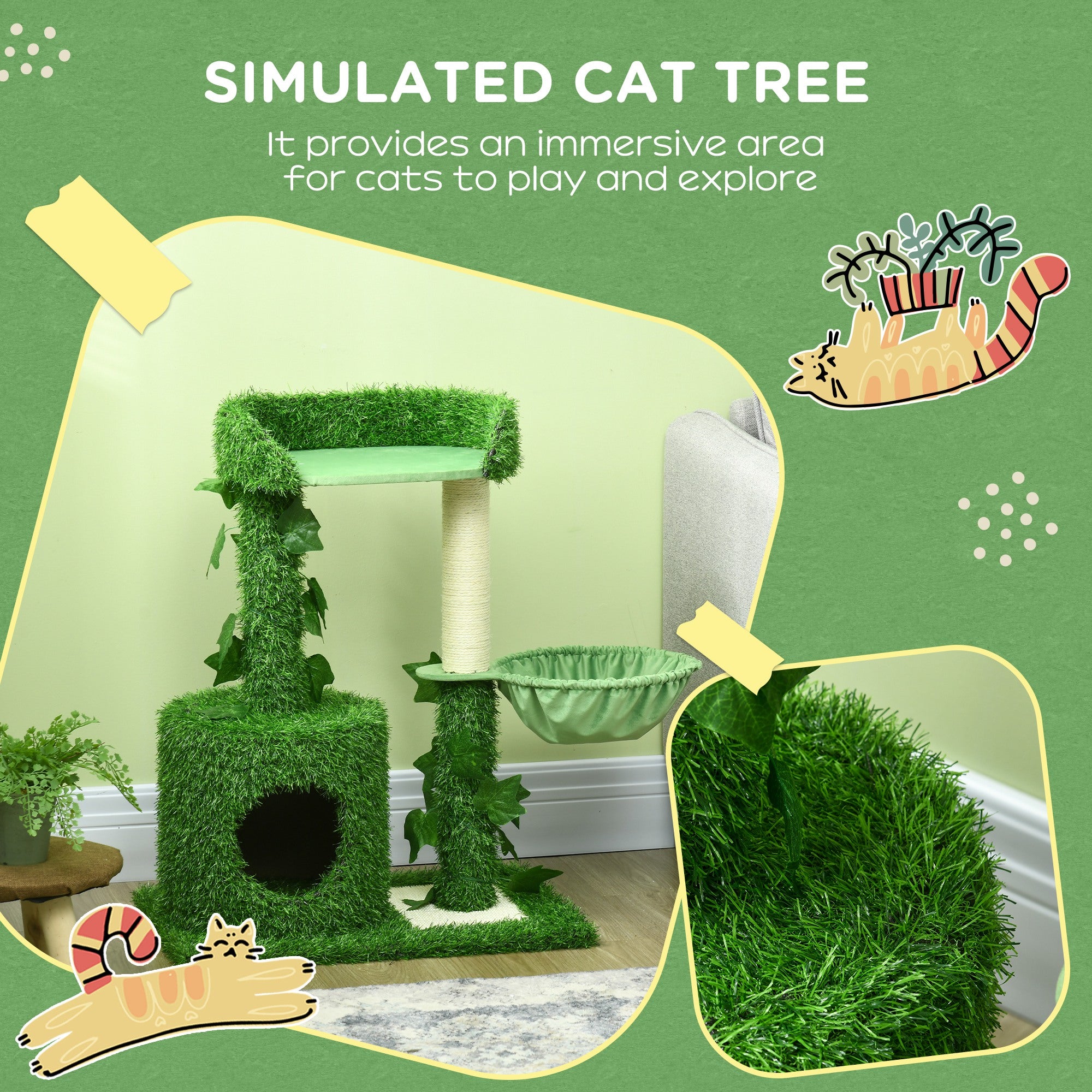 PawHut 77cm Cat Tree for Indoor Cats with Green Leaves, Multiple Levels, Cat Climbing Tree with Sisal Scratching Posts, Perch Hammock, Condo - Green