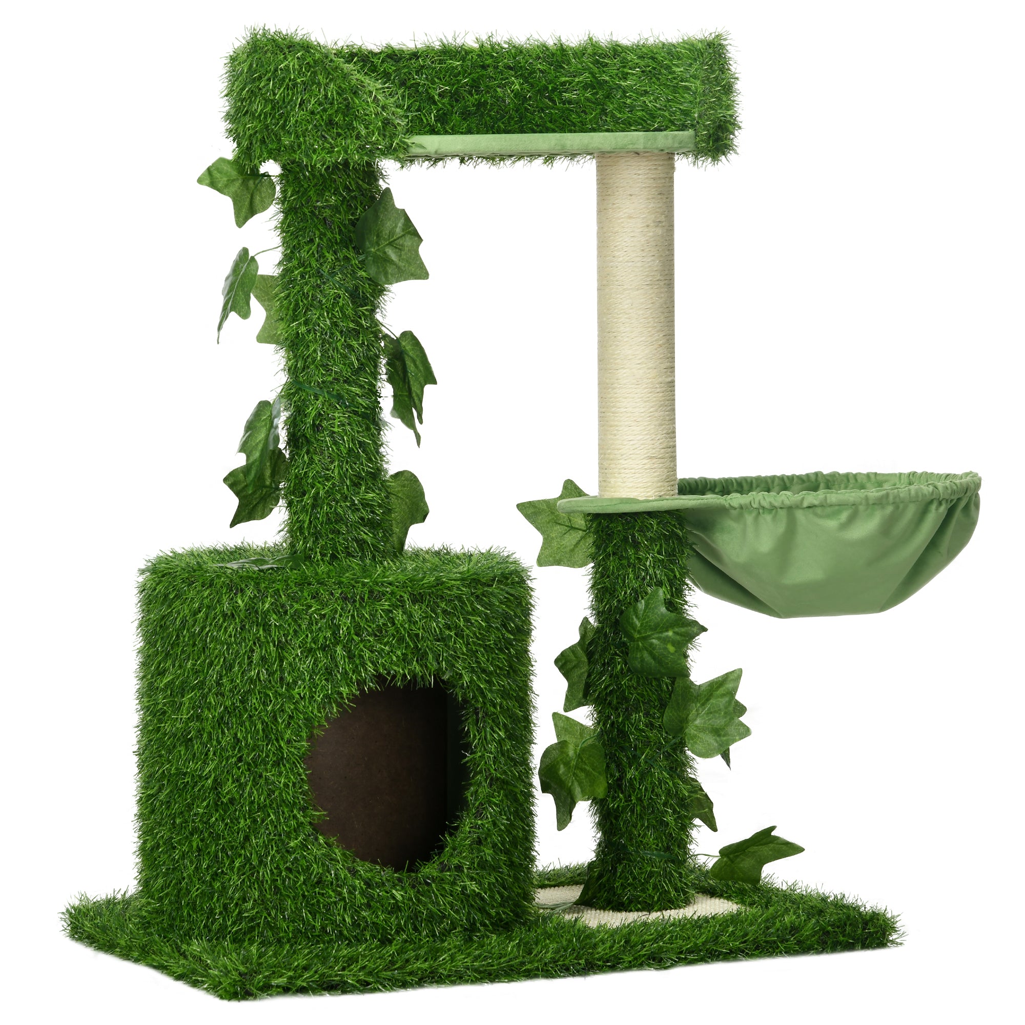 PawHut 77cm Cat Tree for Indoor Cats with Green Leaves, Multiple Levels, Cat Climbing Tree with Sisal Scratching Posts, Perch Hammock, Condo - Green