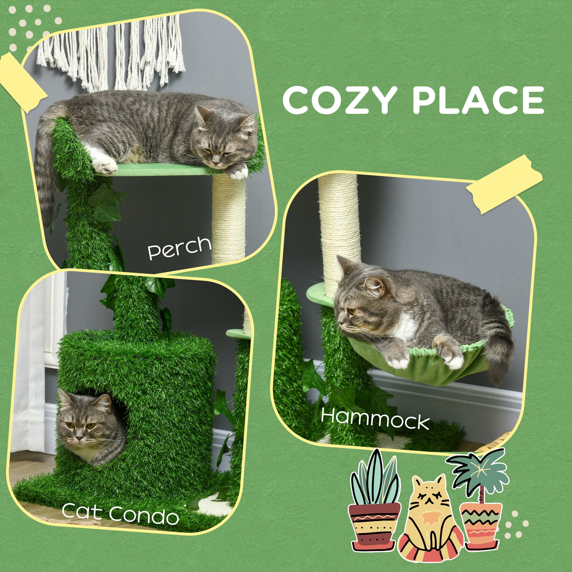 PawHut 77cm Cat Tree for Indoor Cats with Green Leaves, Multiple Levels, Cat Climbing Tree with Sisal Scratching Posts, Perch Hammock, Condo - Green
