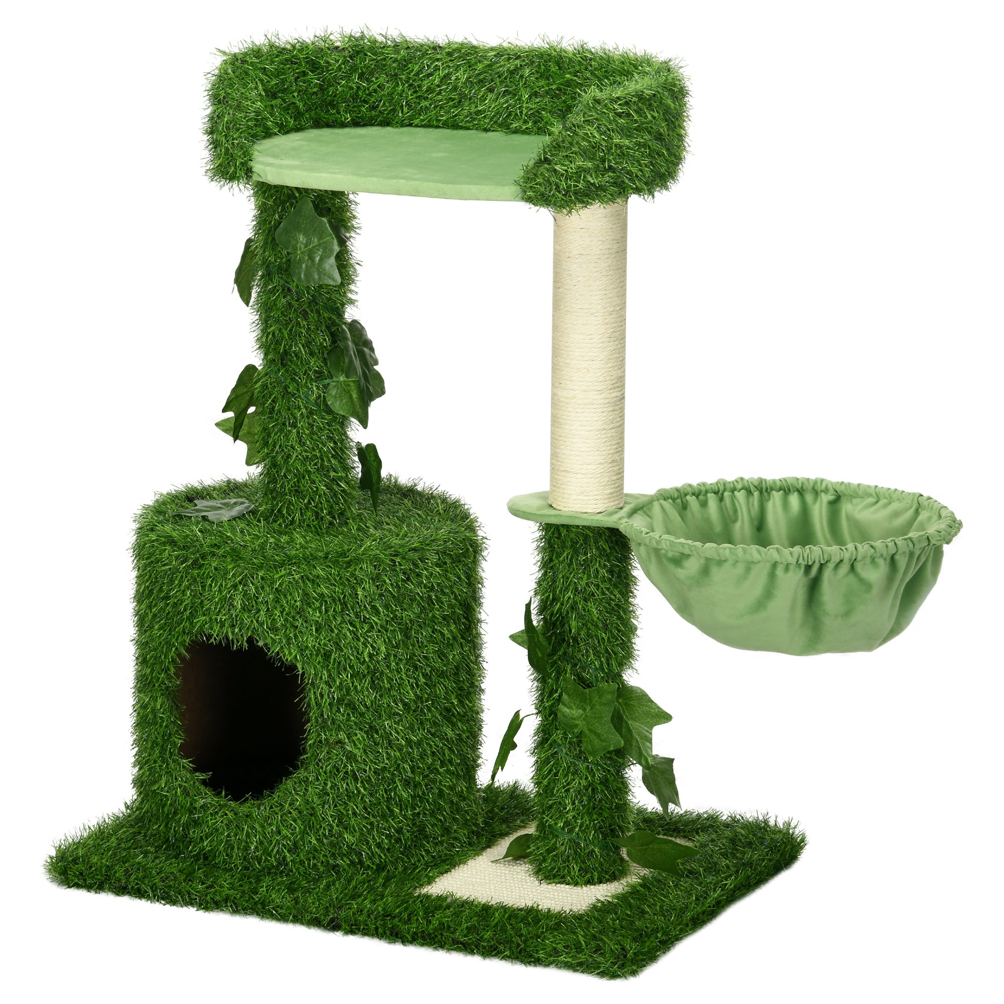 PawHut 77cm Cat Tree for Indoor Cats with Green Leaves, Multiple Levels, Cat Climbing Tree with Sisal Scratching Posts, Perch Hammock, Condo - Green