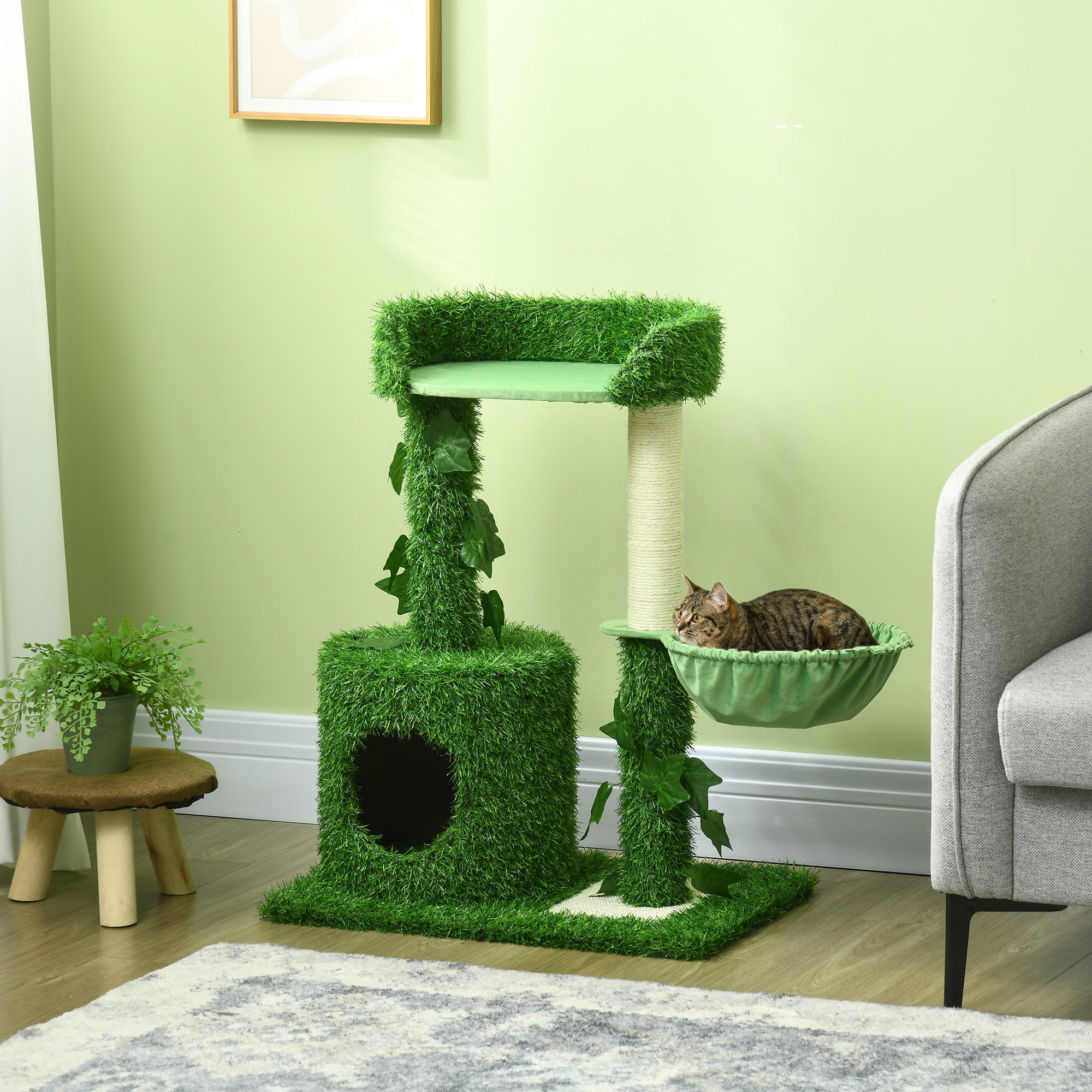 PawHut 77cm Cat Tree for Indoor Cats with Green Leaves, Multiple Levels, Cat Climbing Tree with Sisal Scratching Posts, Perch Hammock, Condo - Green