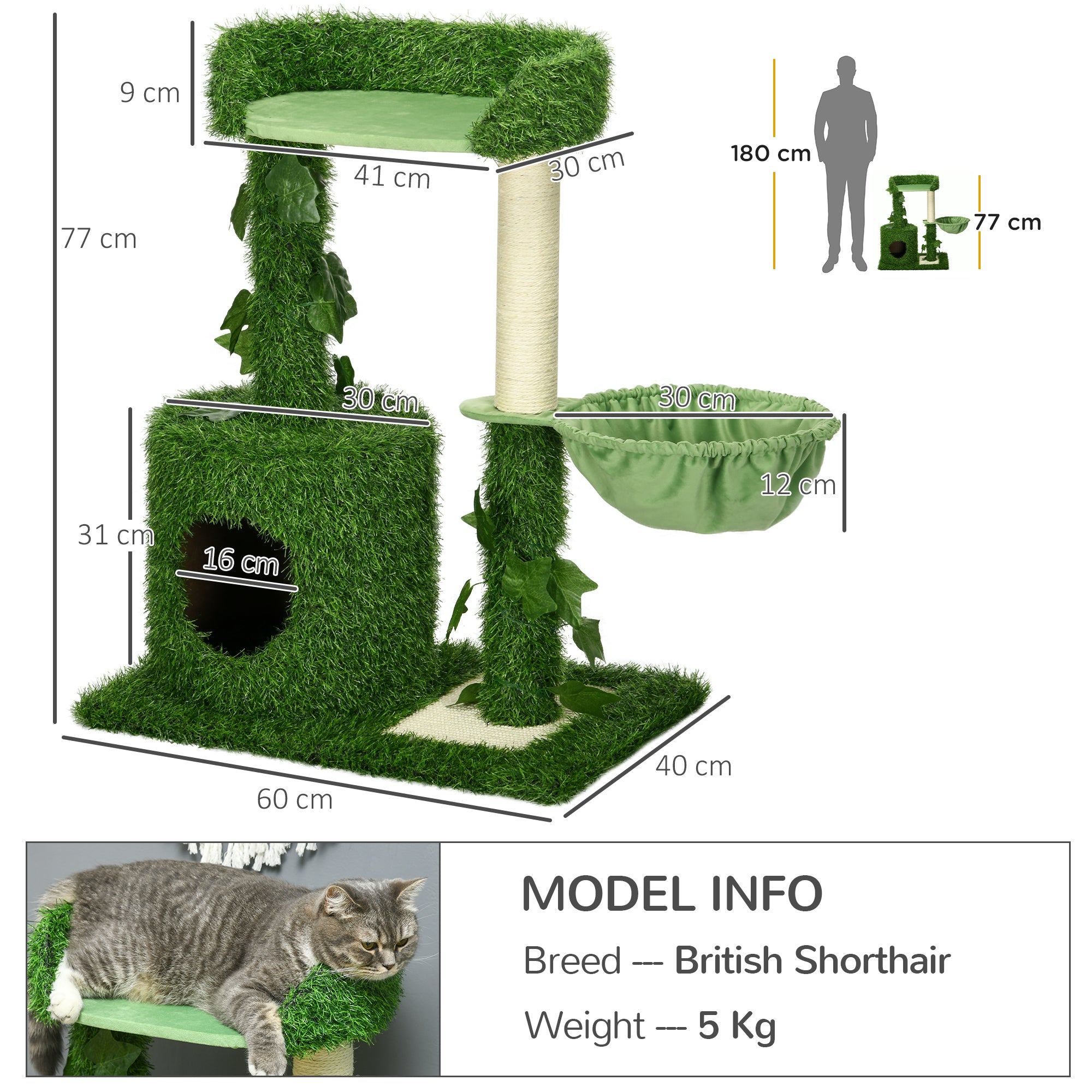 PawHut 77cm Cat Tree for Indoor Cats with Green Leaves, Multiple Levels, Cat Climbing Tree with Sisal Scratching Posts, Perch Hammock, Condo - Green