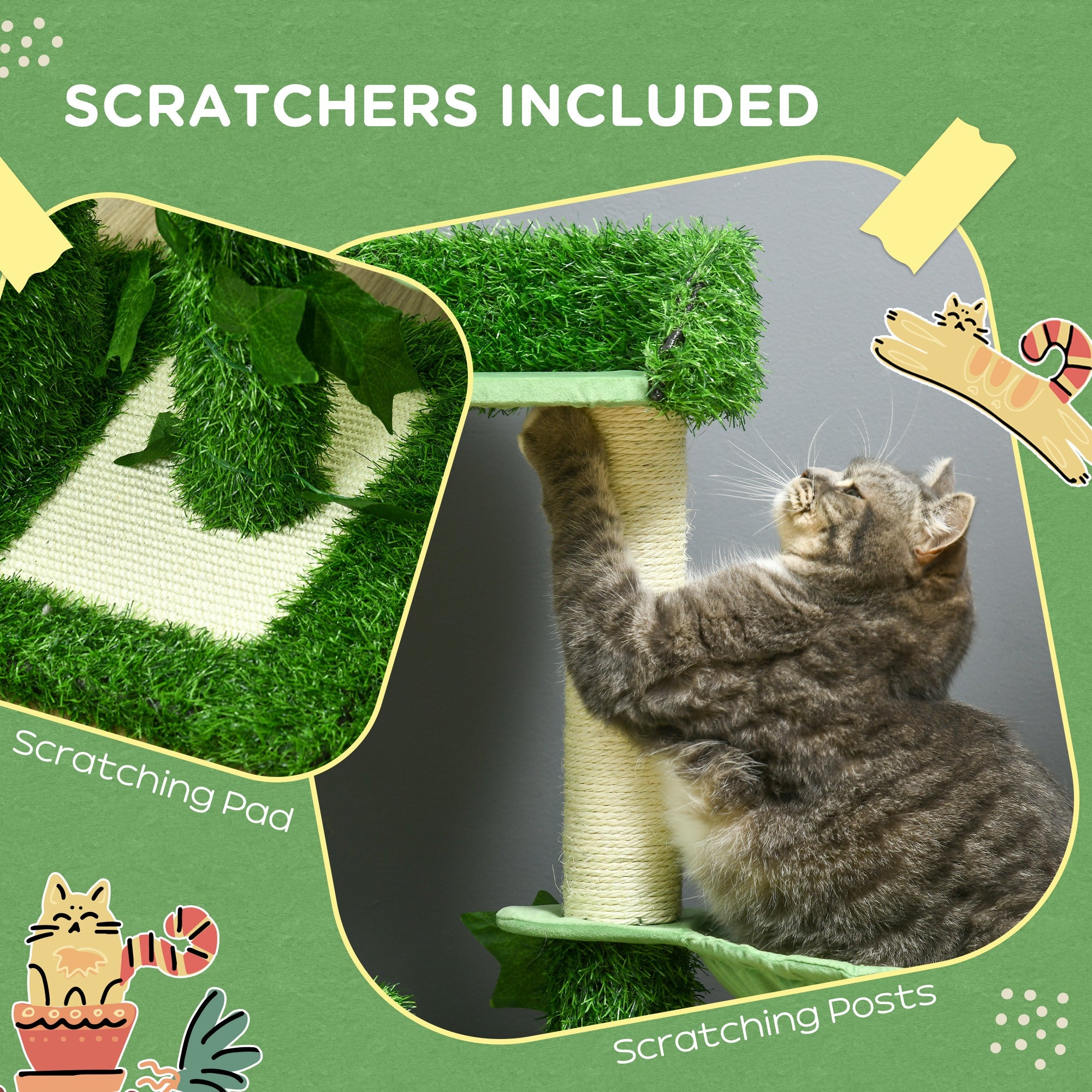 PawHut 77cm Cat Tree for Indoor Cats with Green Leaves, Multiple Levels, Cat Climbing Tree with Sisal Scratching Posts, Perch Hammock, Condo - Green
