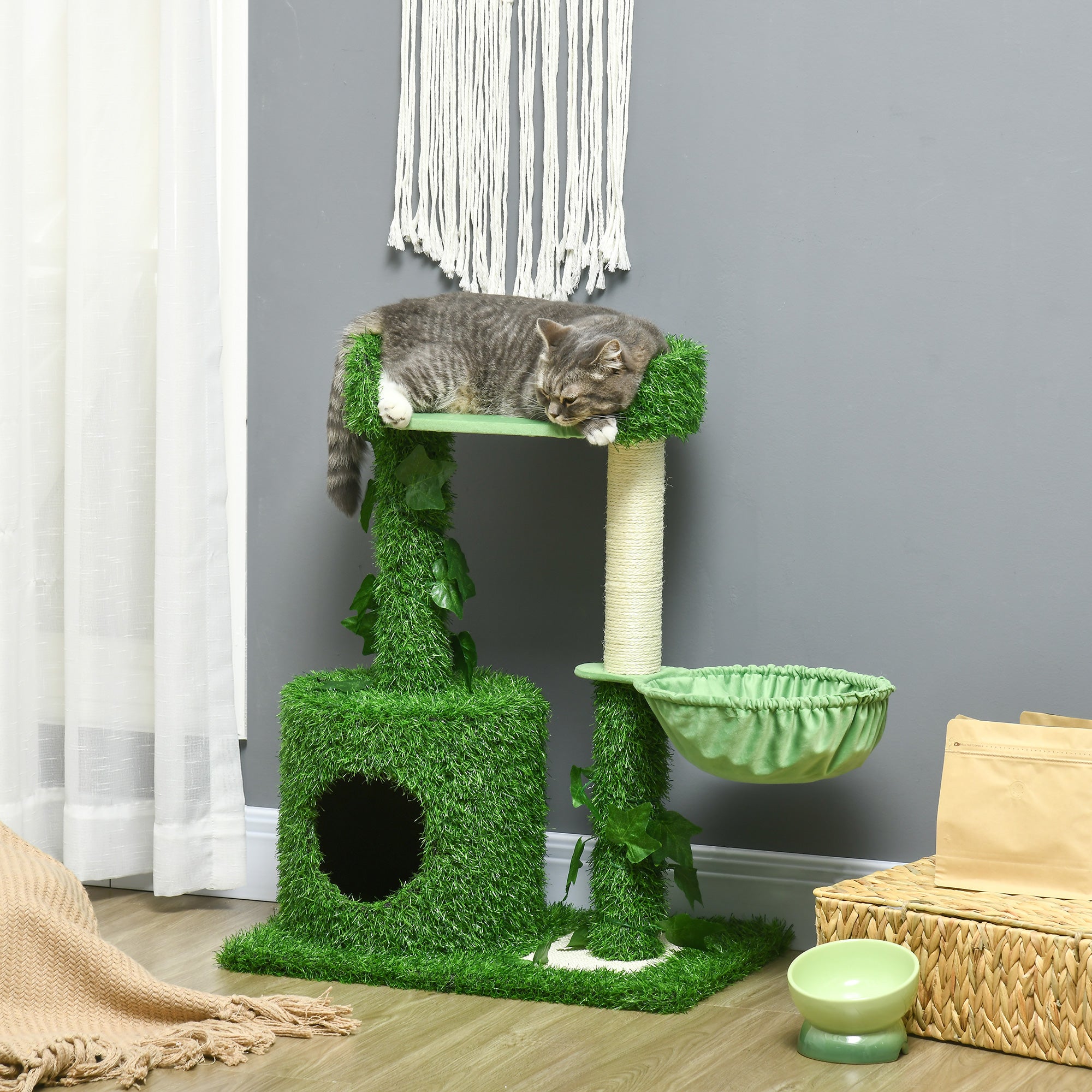 PawHut 77cm Cat Tree for Indoor Cats with Green Leaves, Multiple Levels, Cat Climbing Tree with Sisal Scratching Posts, Perch Hammock, Condo - Green