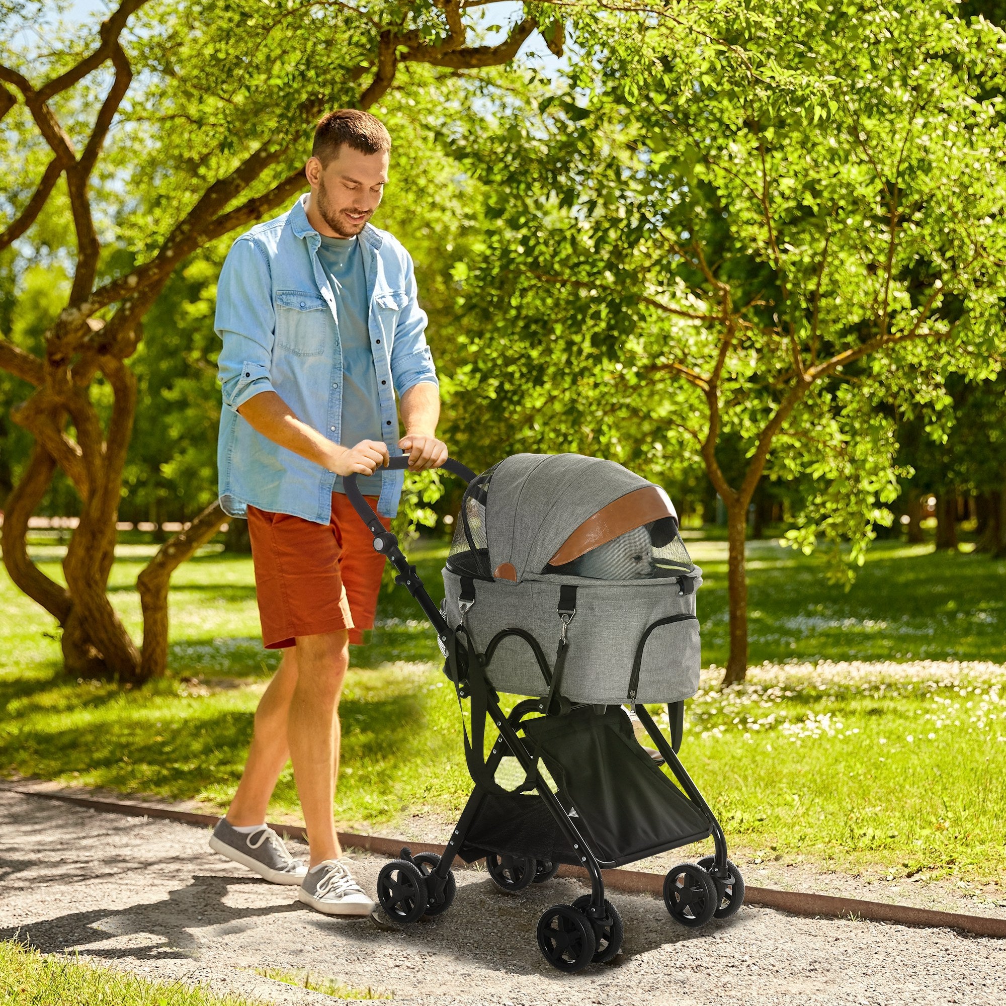 PawHut 2 in1 Foldable Pet Stroller and Detachable Travel Carriage with Lockable Wheels, Adjustable Handlebar Canopy and Zippered Mesh Window Grey