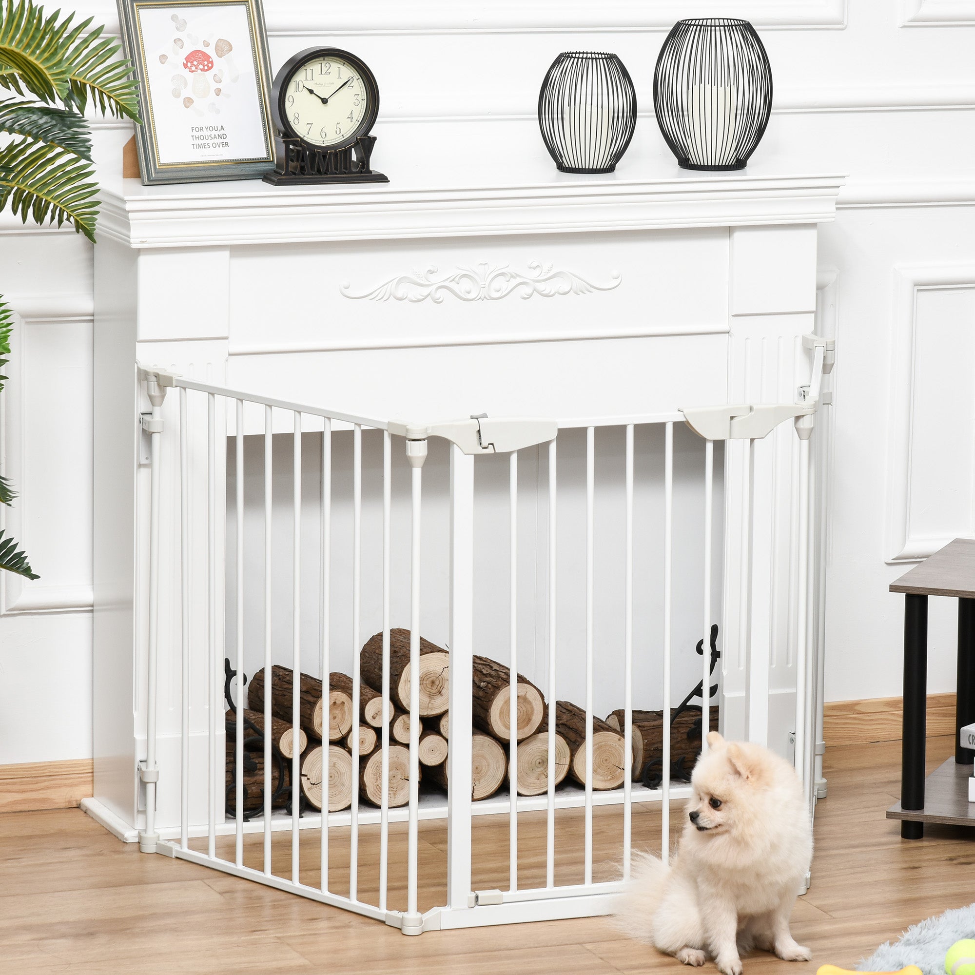 PawHut Pet Safety Gate, 3 Panels Playpen Fireplace, Metal Fence, Stair Barrier, Room Divider w/ Walk-Through Door - White