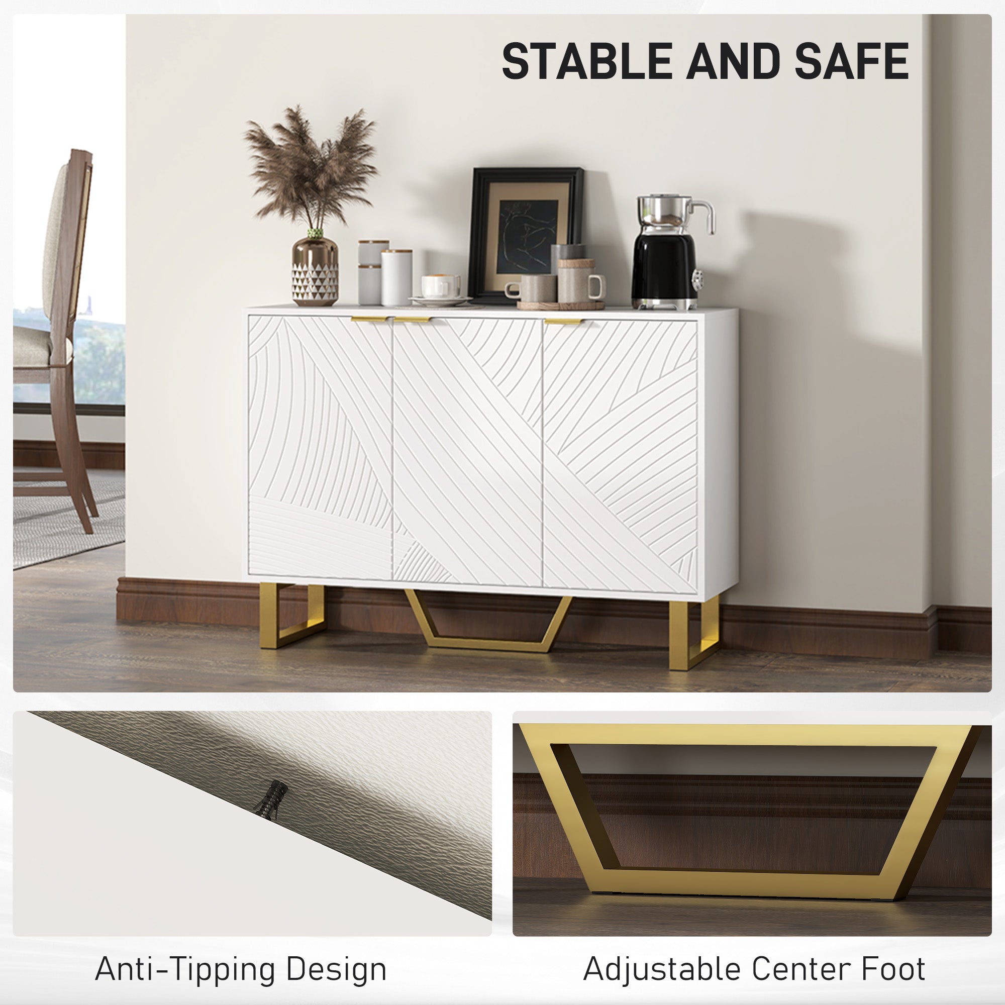 HOMCOM Sideboard Cabinet with Adjustable Shelves, Modern Buffet Cabinet with Carved Line Doors, TV Cabinet for 50 Inch TV, White