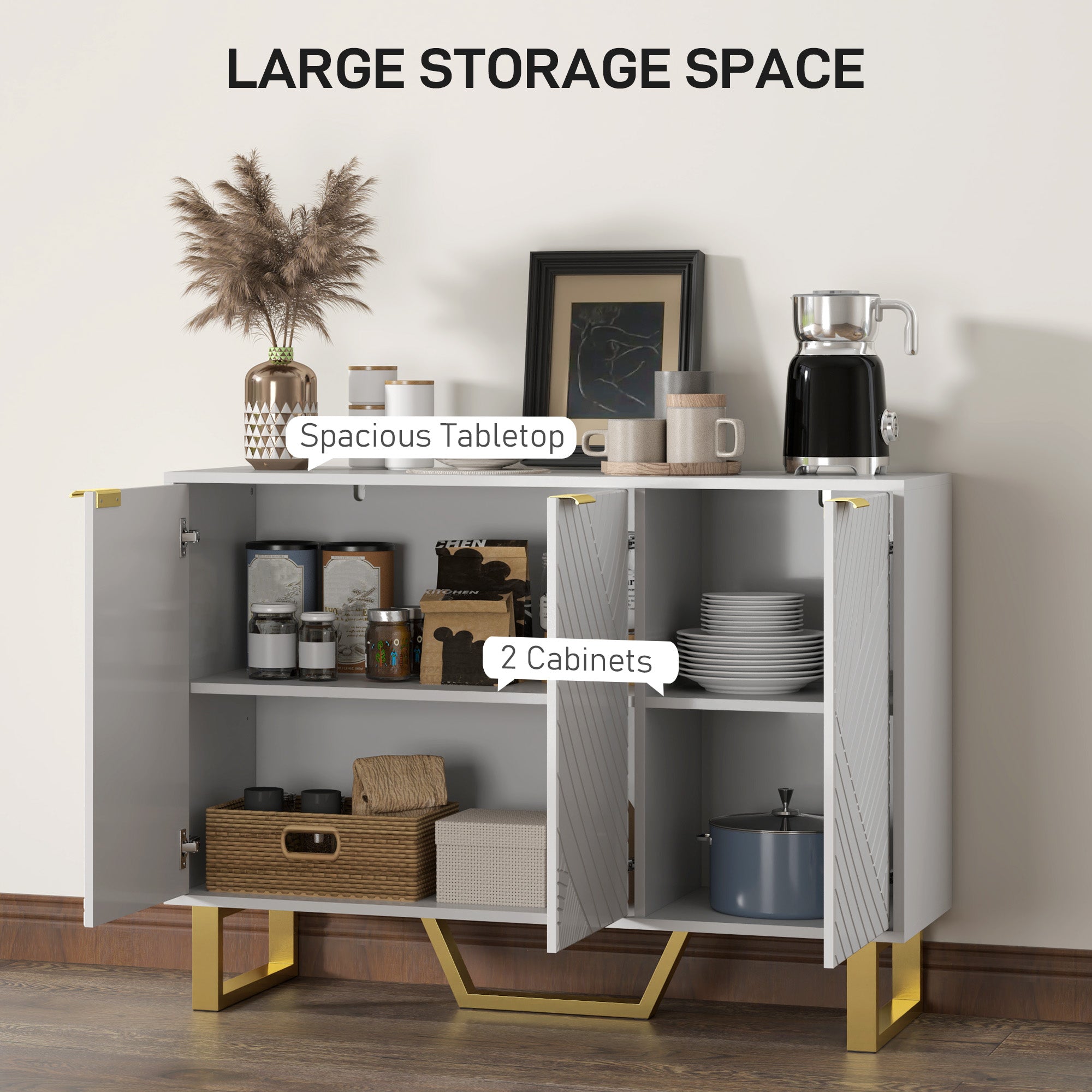 HOMCOM Sideboard Cabinet with Adjustable Shelves, Modern Buffet Cabinet with Carved Line Doors, TV Cabinet for 50 Inch TV, White
