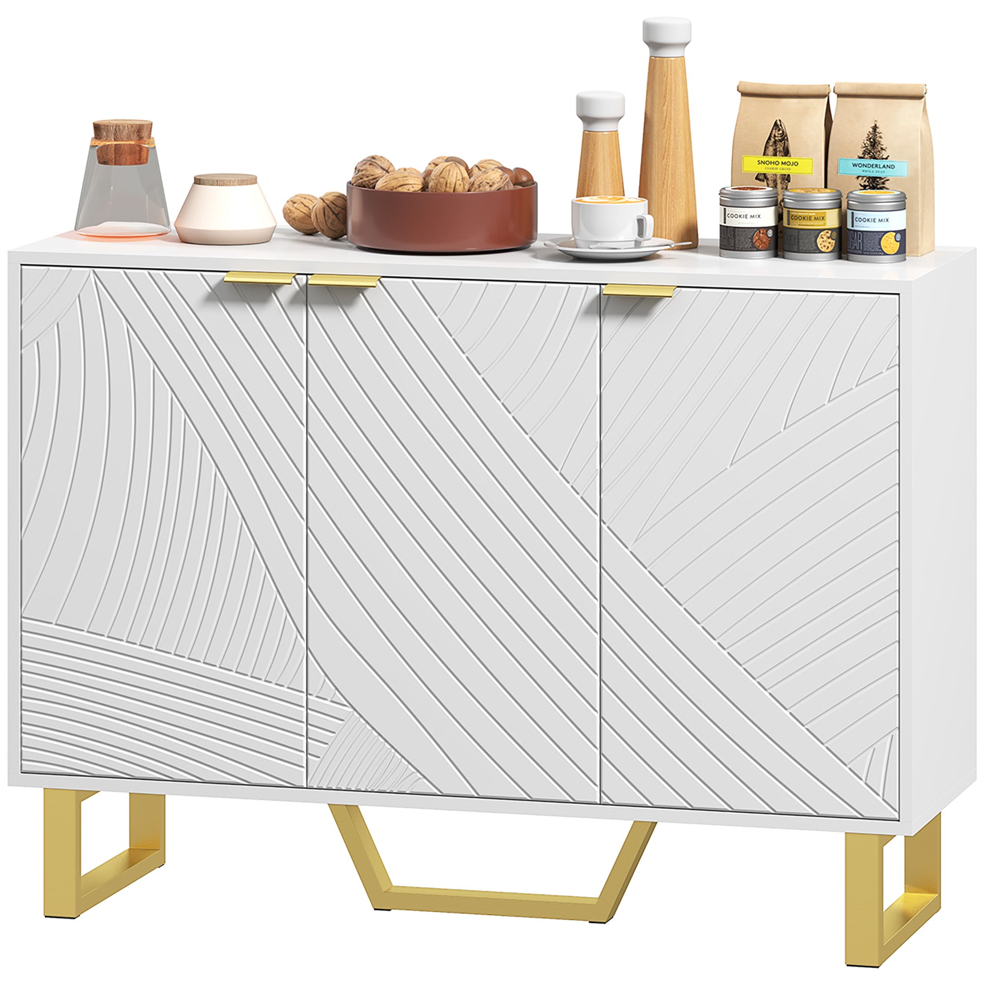 HOMCOM Sideboard Cabinet with Adjustable Shelves, Modern Buffet Cabinet with Carved Line Doors, TV Cabinet for 50 Inch TV, White