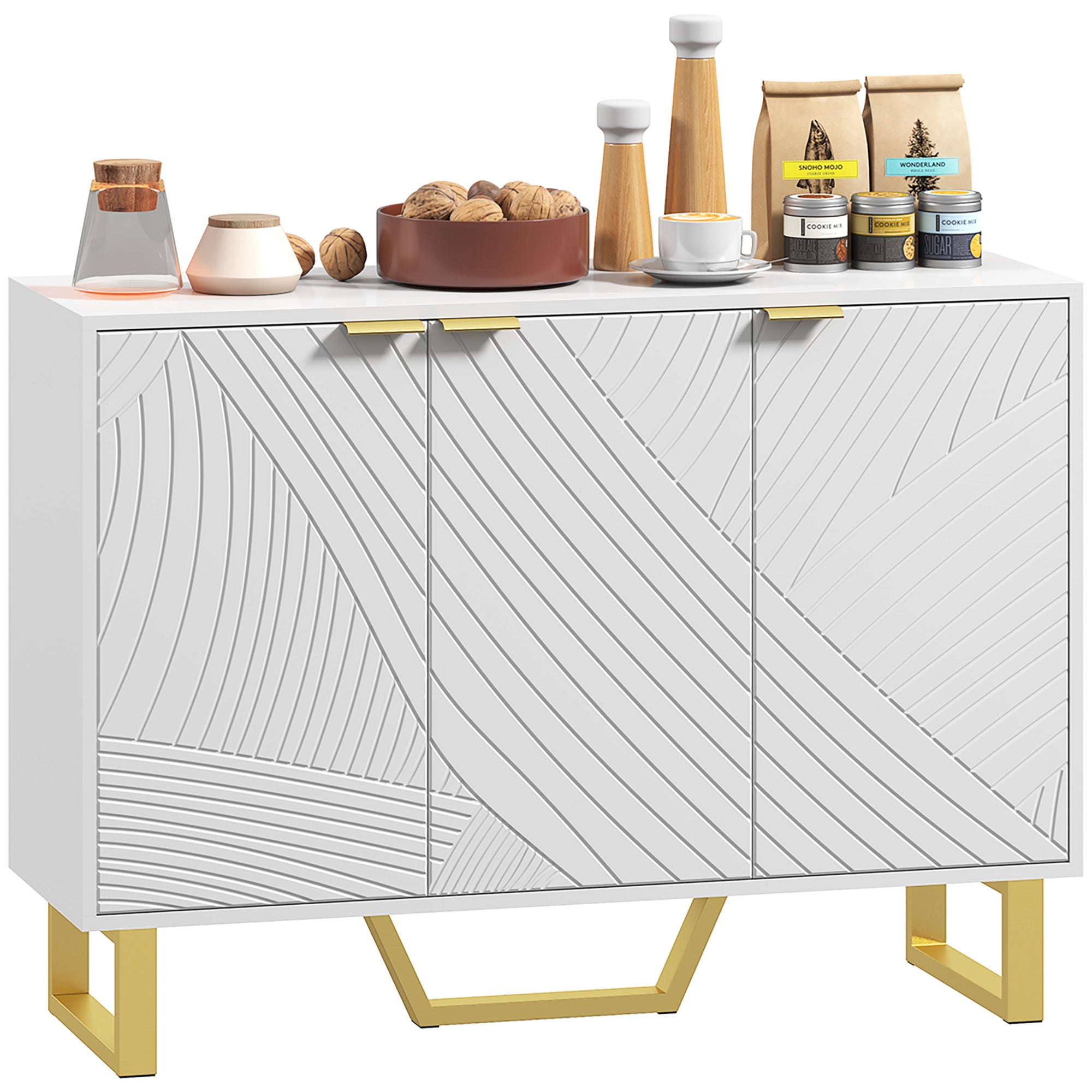 HOMCOM Sideboard Cabinet with Adjustable Shelves, Modern Buffet Cabinet with Carved Line Doors, TV Cabinet for 50 Inch TV, White