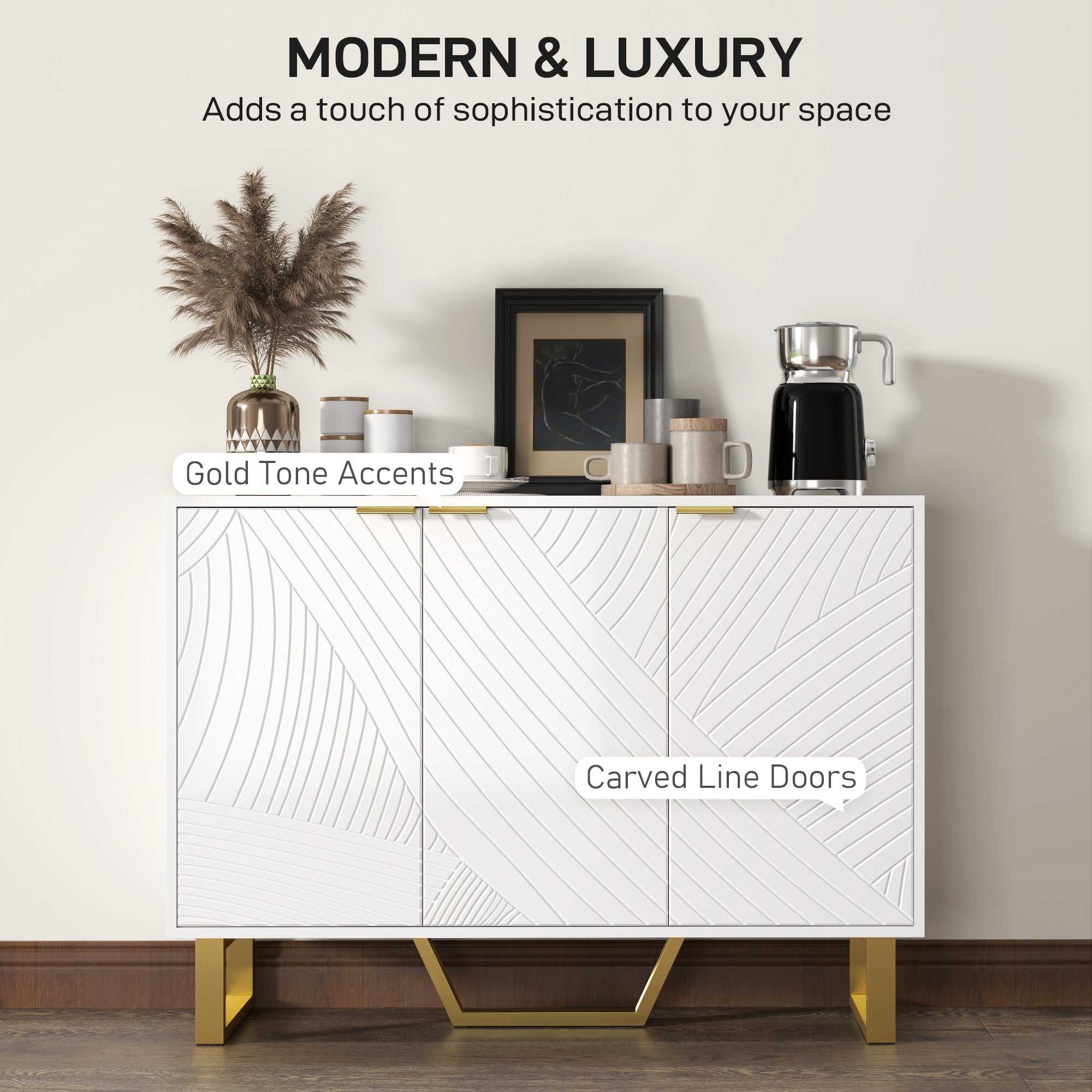 HOMCOM Sideboard Cabinet with Adjustable Shelves, Modern Buffet Cabinet with Carved Line Doors, TV Cabinet for 50 Inch TV, White