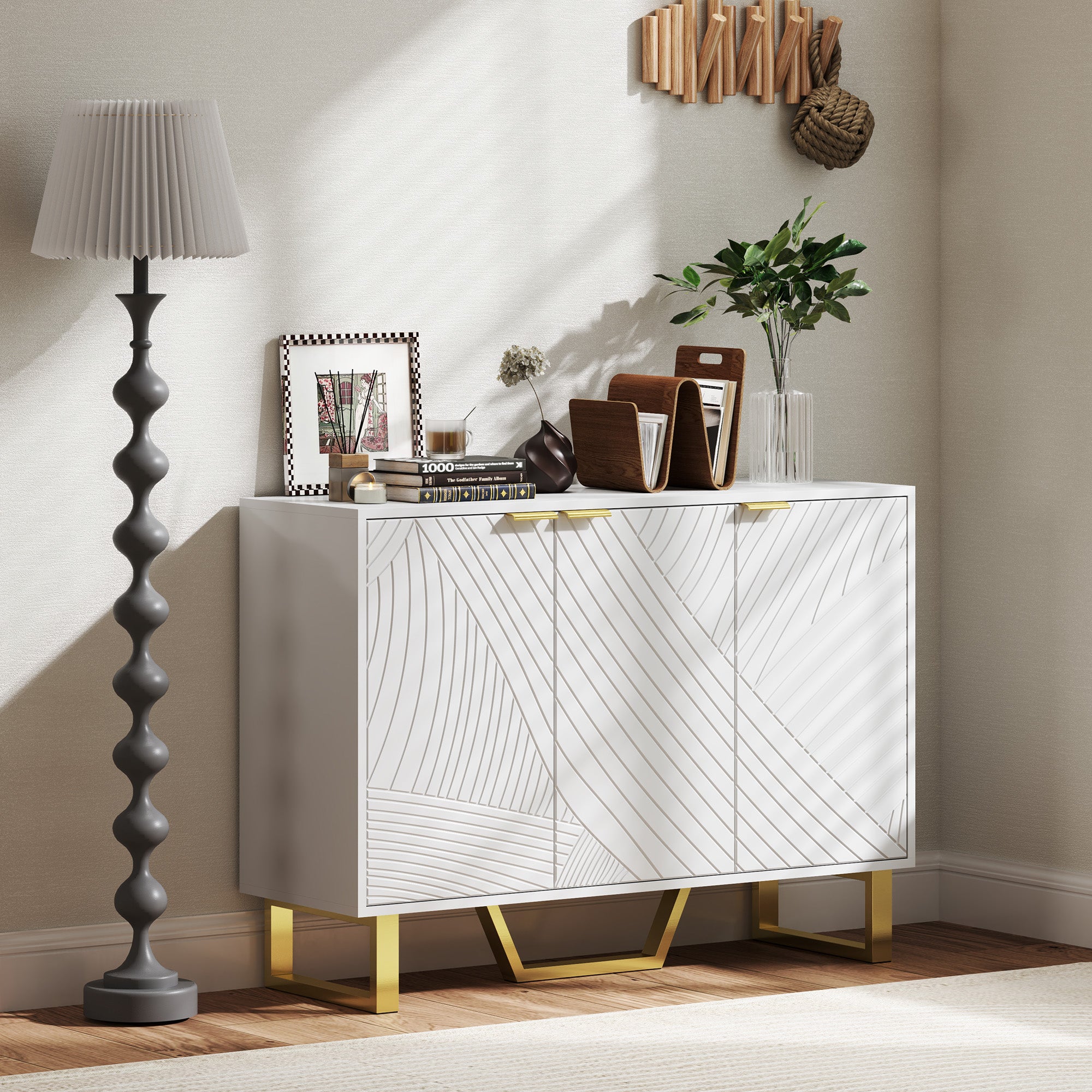 HOMCOM Sideboard Cabinet with Adjustable Shelves, Modern Buffet Cabinet with Carved Line Doors, TV Cabinet for 50 Inch TV, White