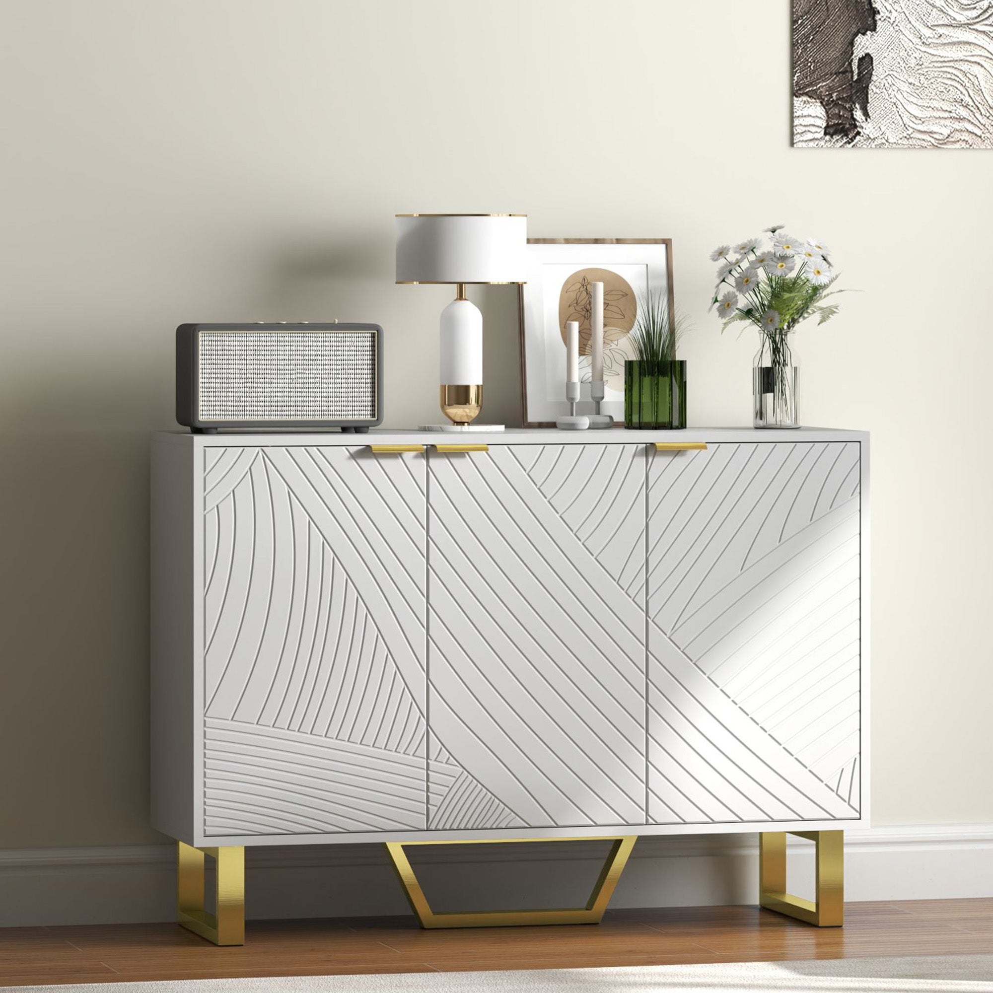 HOMCOM Sideboard Cabinet with Adjustable Shelves, Modern Buffet Cabinet with Carved Line Doors, TV Cabinet for 50 Inch TV, White