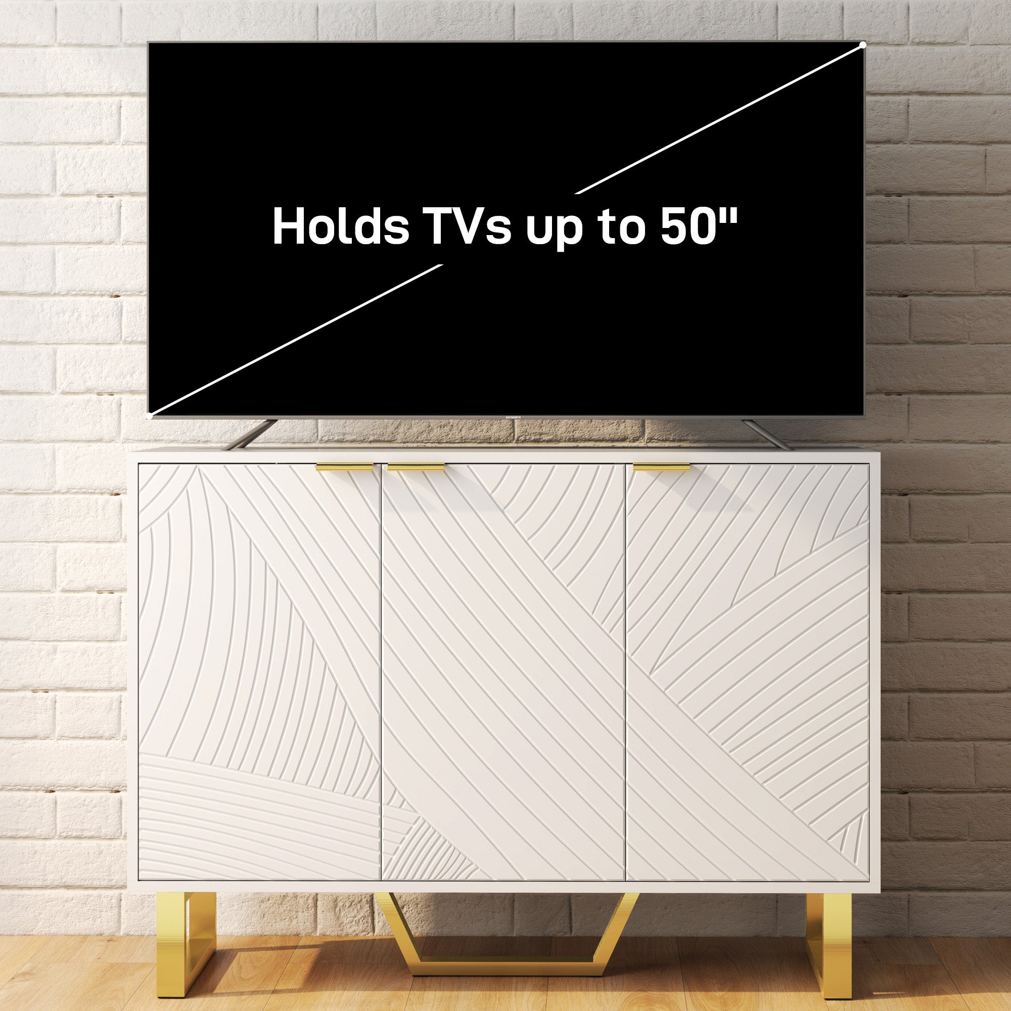 HOMCOM Sideboard Cabinet with Adjustable Shelves, Modern Buffet Cabinet with Carved Line Doors, TV Cabinet for 50 Inch TV, White
