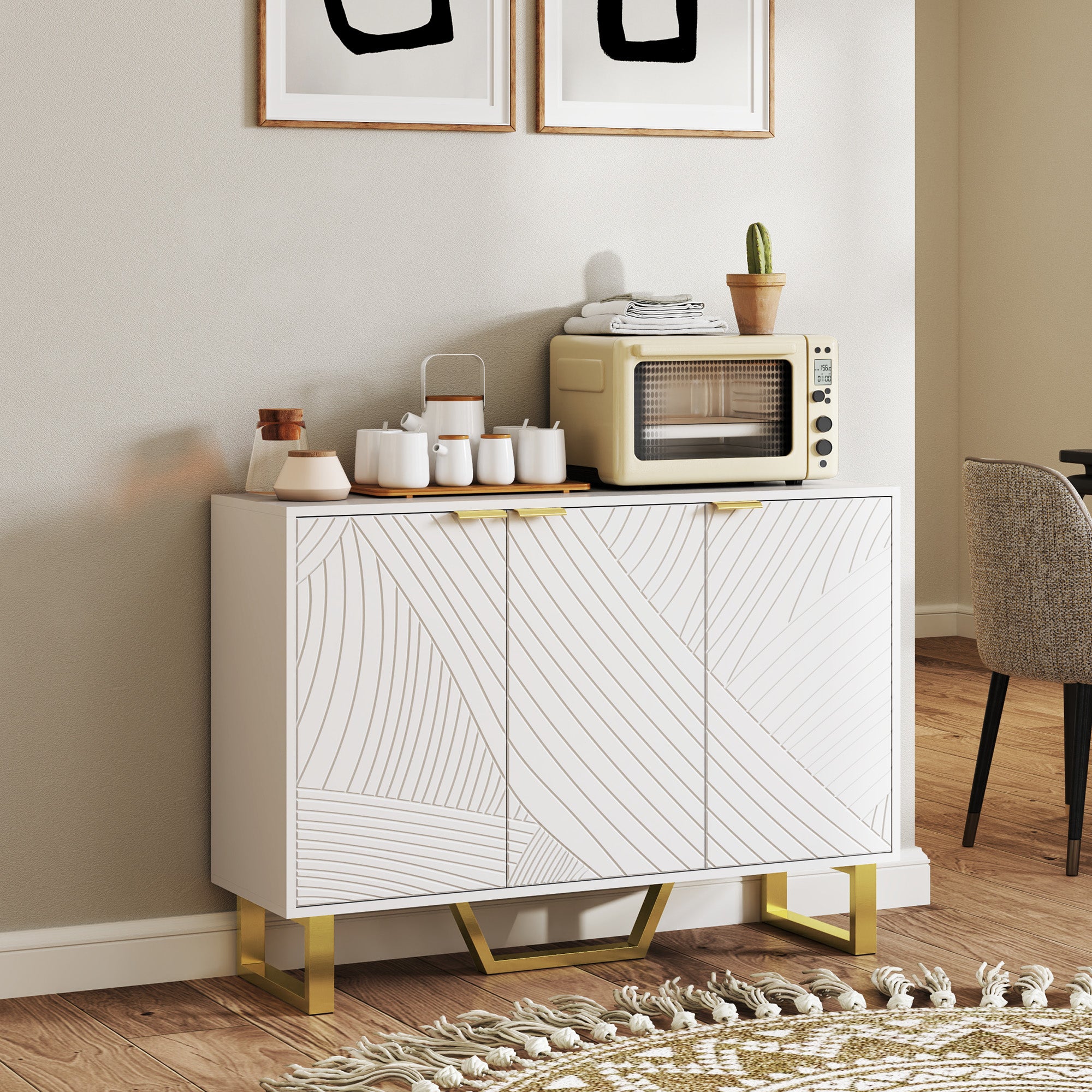 HOMCOM Sideboard Cabinet with Adjustable Shelves, Modern Buffet Cabinet with Carved Line Doors, TV Cabinet for 50 Inch TV, White