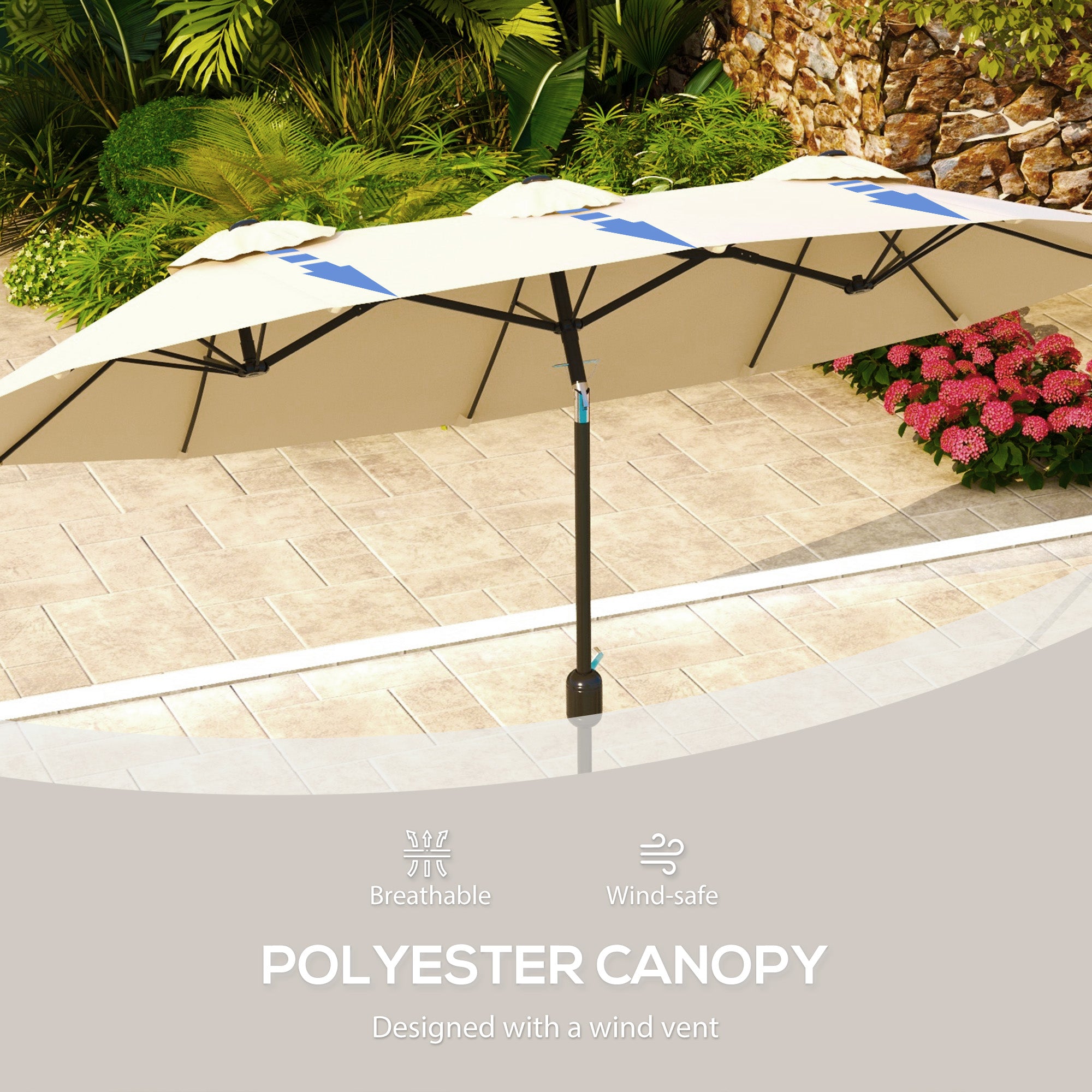 Outsunny 9.7ft Patio Umbrella with Double Sided Canopy, Outdoor Market Table Parasol with Push Button Tilt, Crank, 3 Air Vents and 12 Ribs, for Garden, Deck, Pool, Brown