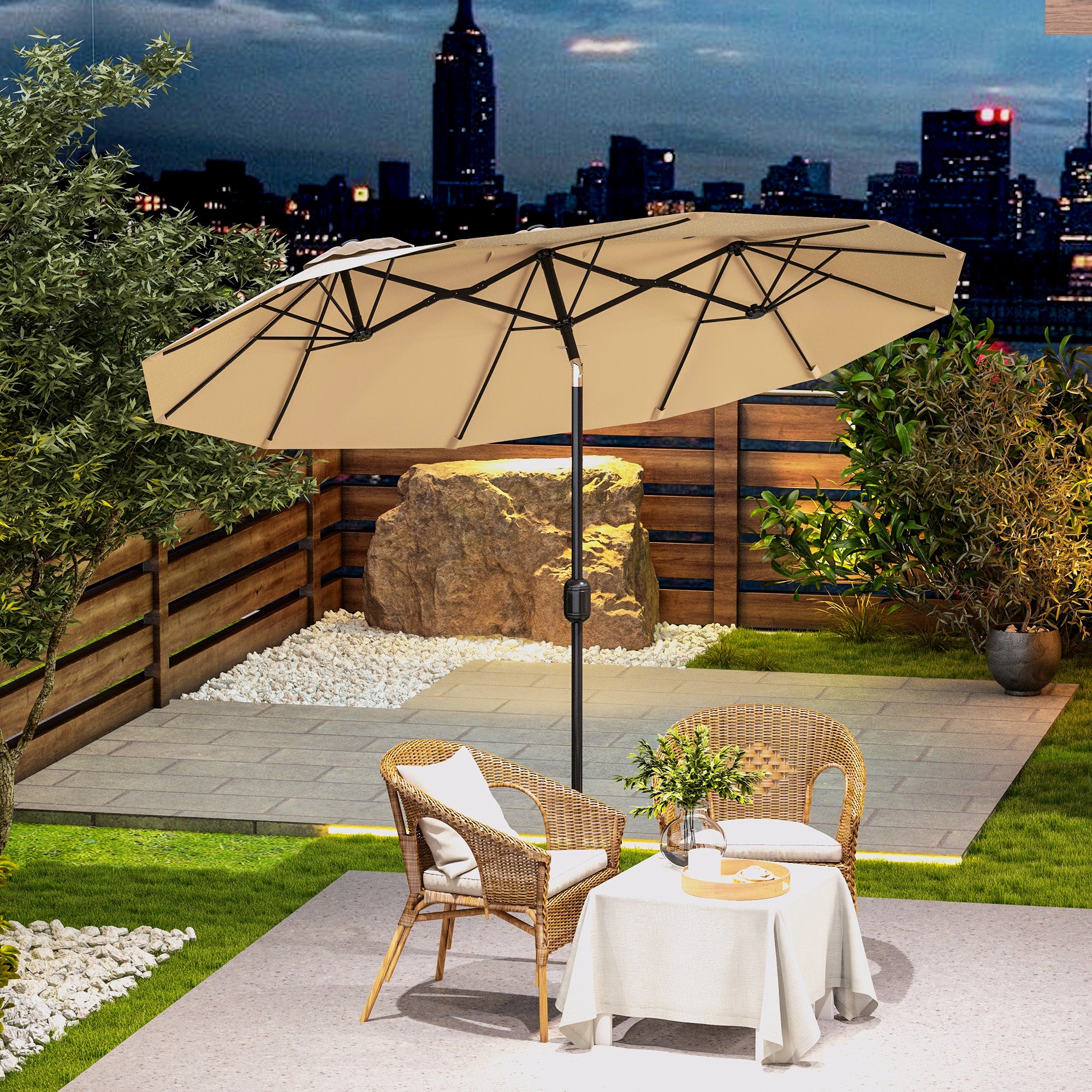 Outsunny 9.7ft Patio Umbrella with Double Sided Canopy, Outdoor Market Table Parasol with Push Button Tilt, Crank, 3 Air Vents and 12 Ribs, for Garden, Deck, Pool, Brown