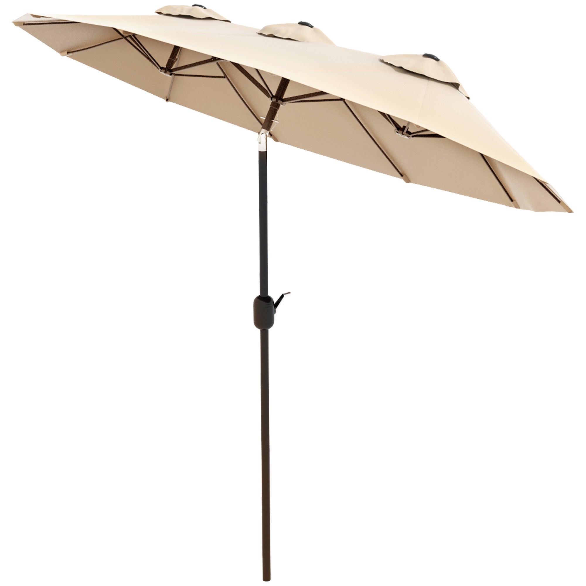 Outsunny 9.7ft Patio Umbrella with Double Sided Canopy, Outdoor Market Table Parasol with Push Button Tilt, Crank, 3 Air Vents and 12 Ribs, for Garden, Deck, Pool, Brown
