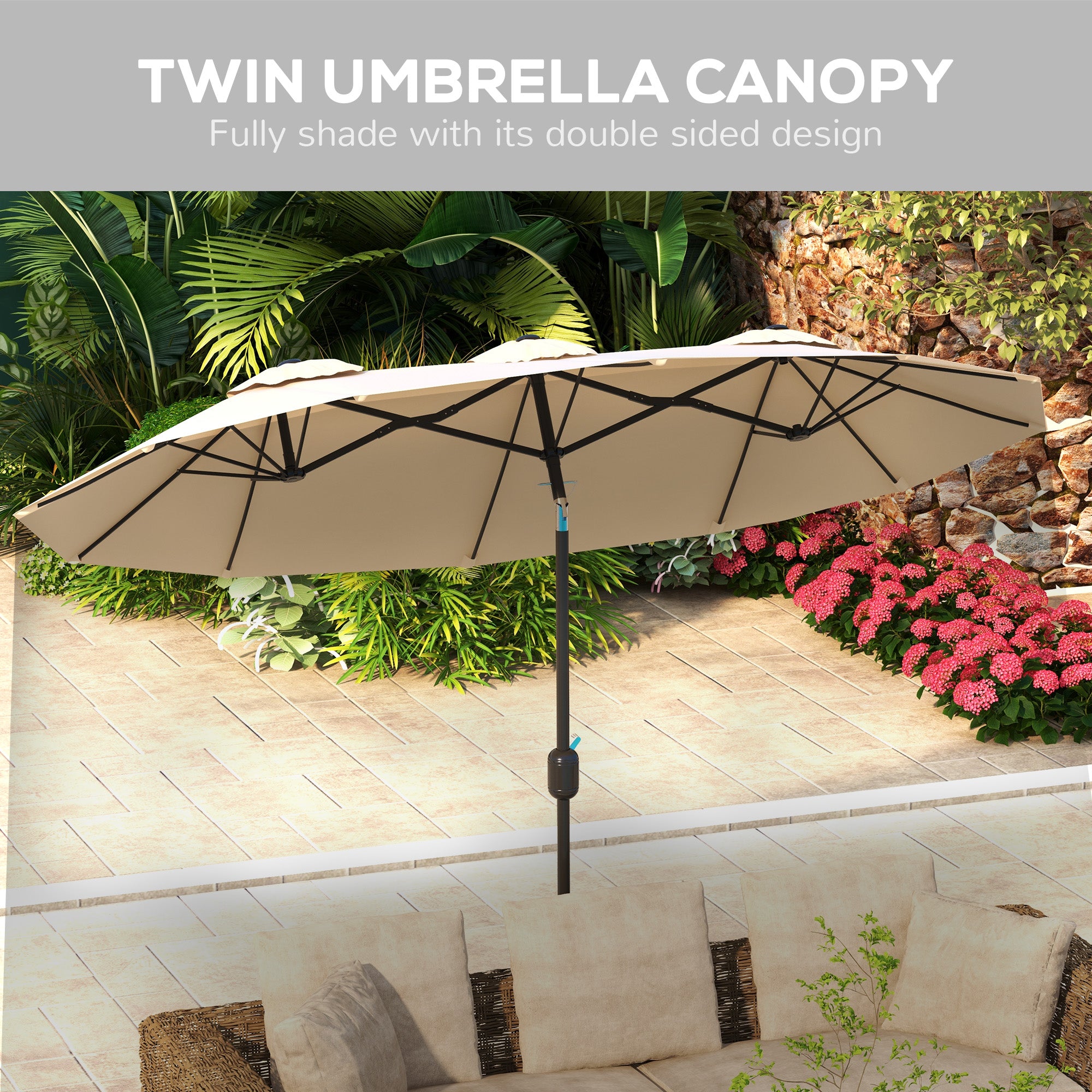 Outsunny 9.7ft Patio Umbrella with Double Sided Canopy, Outdoor Market Table Parasol with Push Button Tilt, Crank, 3 Air Vents and 12 Ribs, for Garden, Deck, Pool, Brown