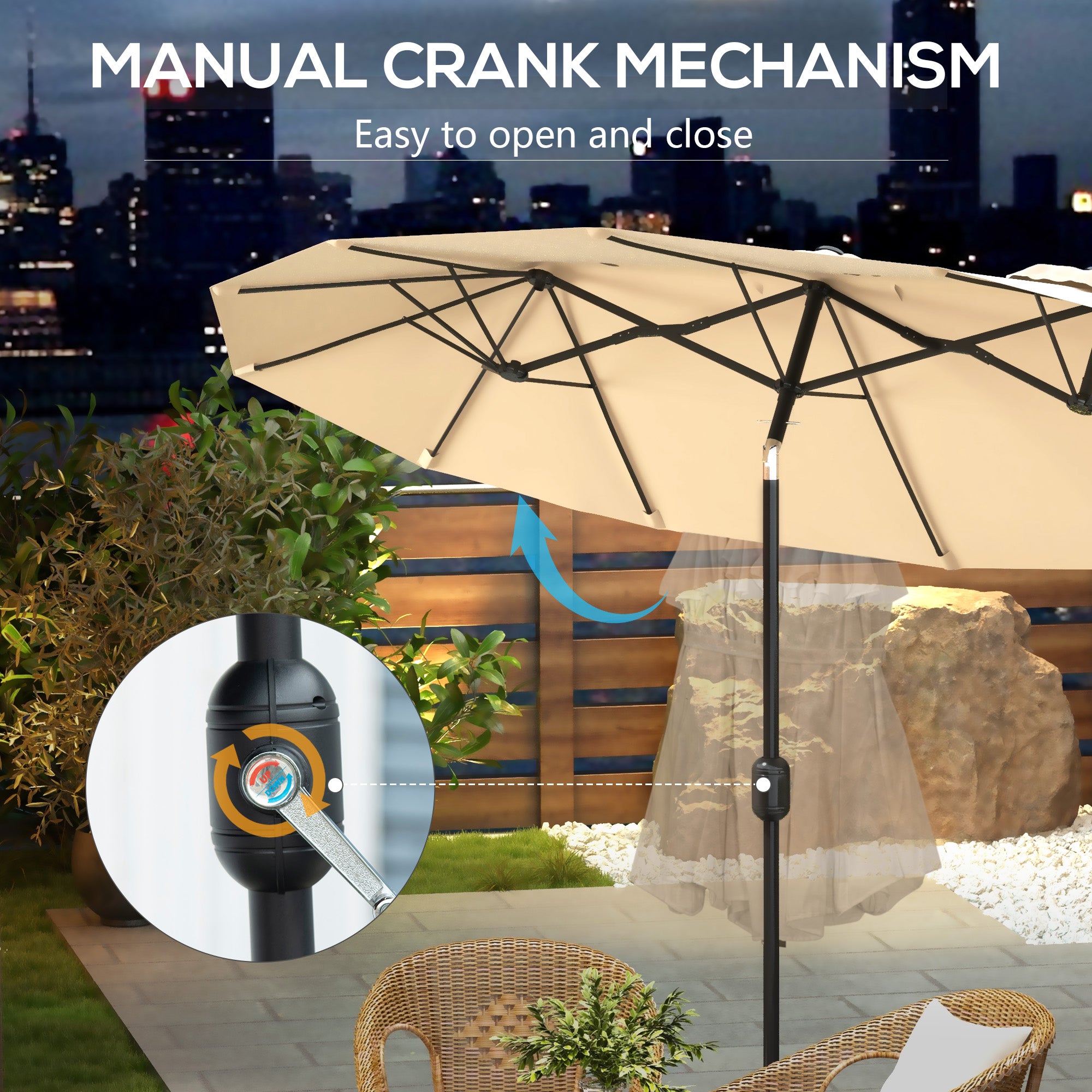 Outsunny 9.7ft Patio Umbrella with Double Sided Canopy, Outdoor Market Table Parasol with Push Button Tilt, Crank, 3 Air Vents and 12 Ribs, for Garden, Deck, Pool, Brown