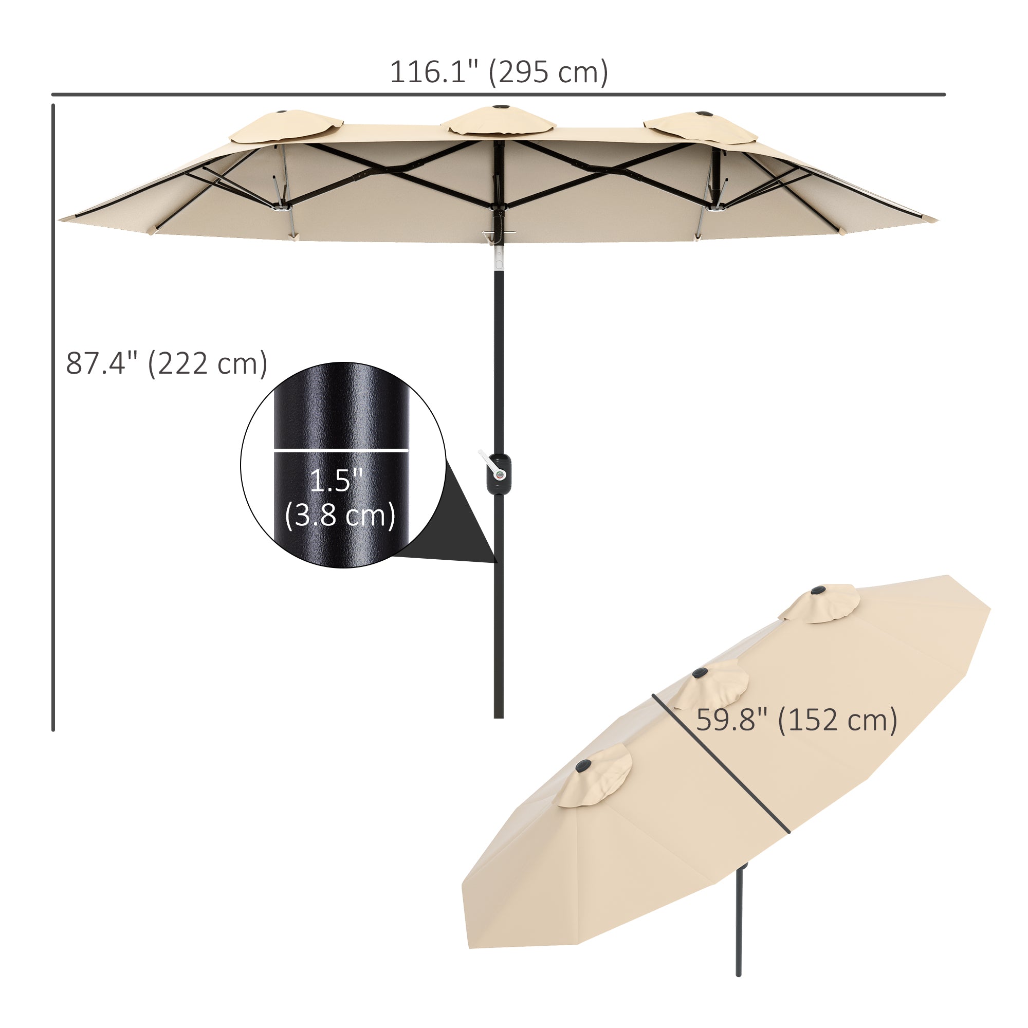 Outsunny 9.7ft Patio Umbrella with Double Sided Canopy, Outdoor Market Table Parasol with Push Button Tilt, Crank, 3 Air Vents and 12 Ribs, for Garden, Deck, Pool, Brown