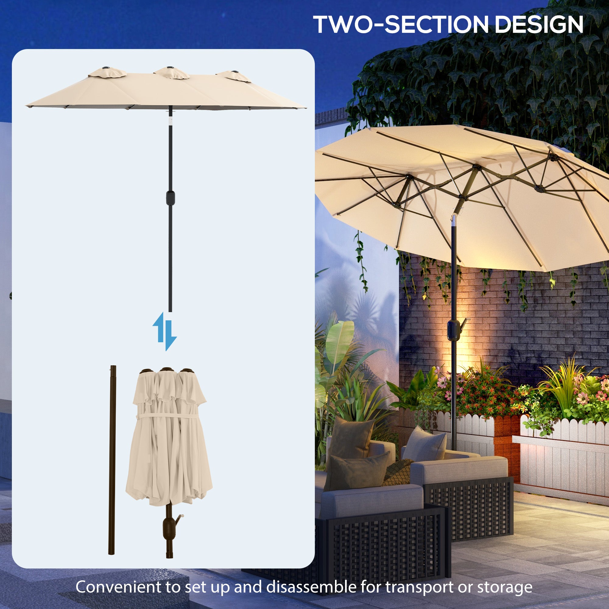 Outsunny 9.7ft Patio Umbrella with Double Sided Canopy, Outdoor Market Table Parasol with Push Button Tilt, Crank, 3 Air Vents and 12 Ribs, for Garden, Deck, Pool, Brown