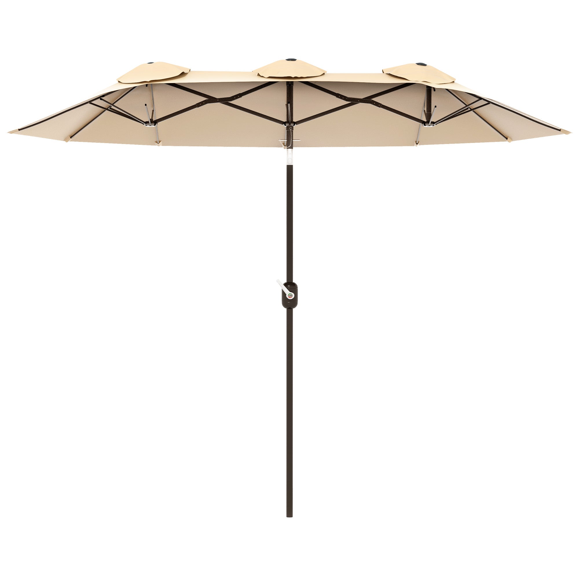 Outsunny 9.7ft Patio Umbrella with Double Sided Canopy, Outdoor Market Table Parasol with Push Button Tilt, Crank, 3 Air Vents and 12 Ribs, for Garden, Deck, Pool, Brown
