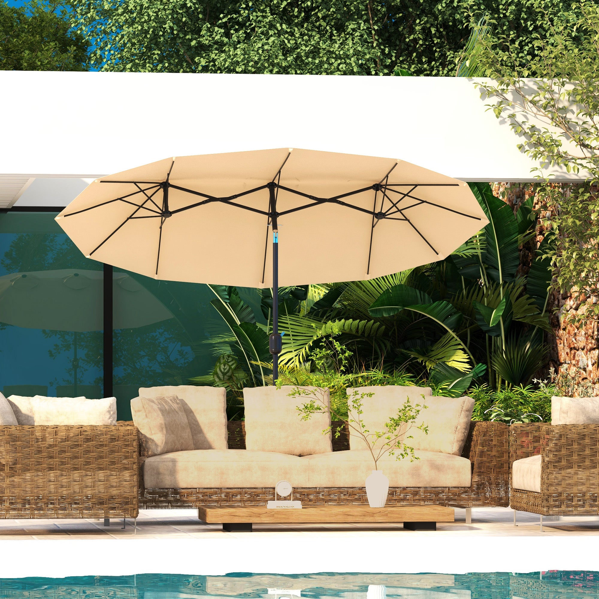 Outsunny 9.7ft Patio Umbrella with Double Sided Canopy, Outdoor Market Table Parasol with Push Button Tilt, Crank, 3 Air Vents and 12 Ribs, for Garden, Deck, Pool, Brown