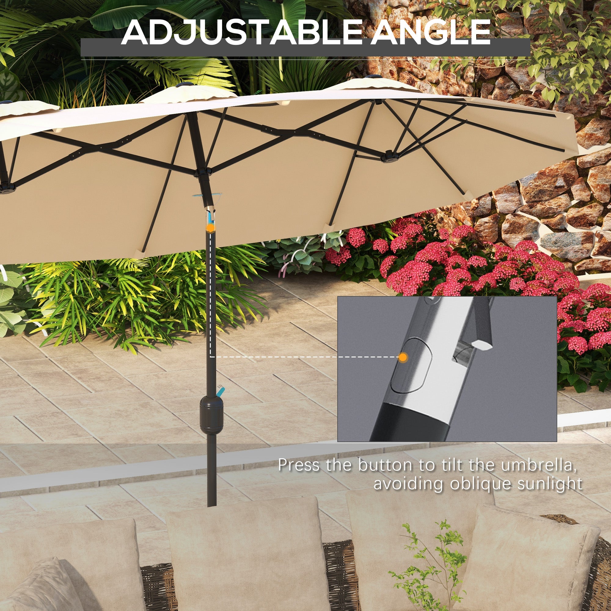 Outsunny 9.7ft Patio Umbrella with Double Sided Canopy, Outdoor Market Table Parasol with Push Button Tilt, Crank, 3 Air Vents and 12 Ribs, for Garden, Deck, Pool, Brown