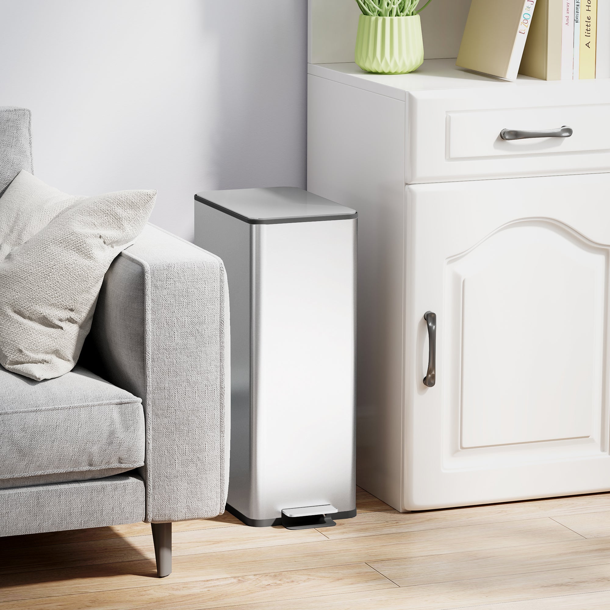 HOMCOM 5.3 Gallon/20 L Garbage Can, Fingerprint-proof Stainless Steel Kitchen Trash Can with Soft-close Lid and Foot Pedal, Slim Garbage Bin for Living Room, Home Office, Silver