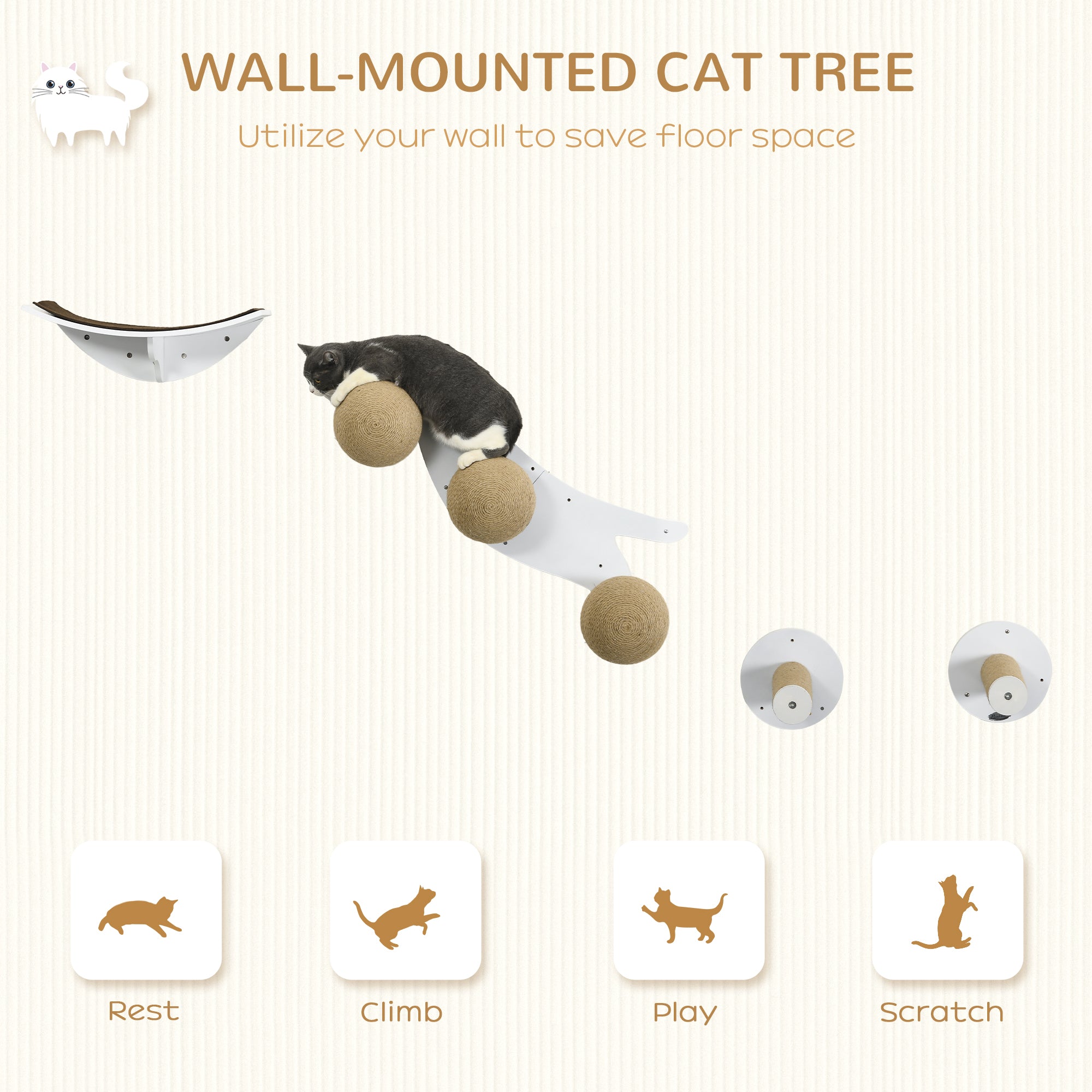 PawHut Cat Wall Furniture 4PCs Wall Mounted Cat Tree Shelves, Scratching Posts, Cat-Shaped Platform with Three Scratching Balls - White