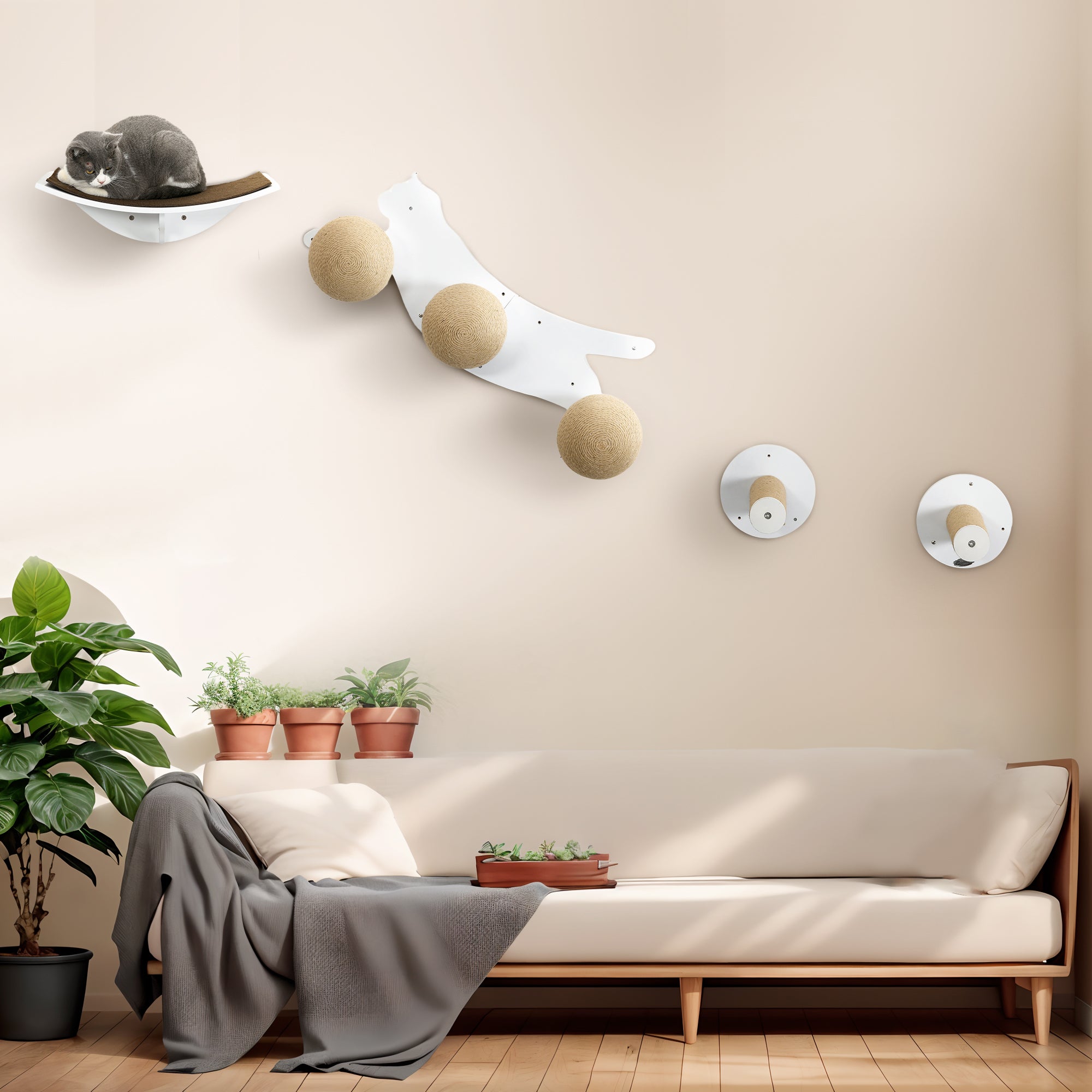 PawHut Cat Wall Furniture 4PCs Wall Mounted Cat Tree Shelves, Scratching Posts, Cat-Shaped Platform with Three Scratching Balls - White