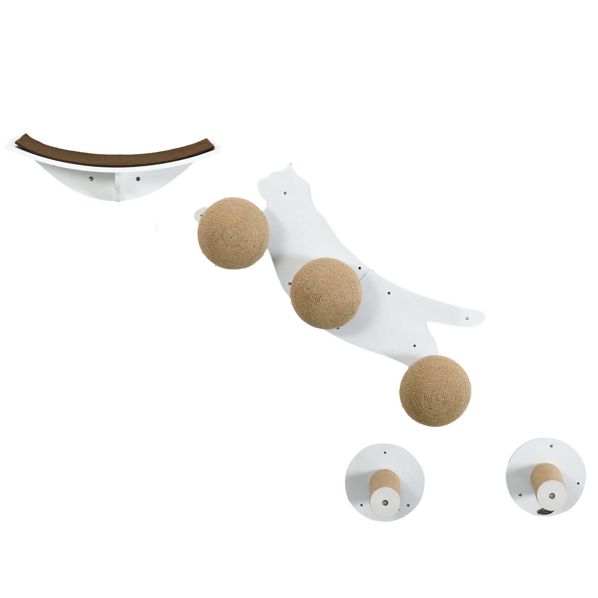 PawHut Cat Wall Furniture 4PCs Wall Mounted Cat Tree Shelves, Scratching Posts, Cat-Shaped Platform with Three Scratching Balls - White